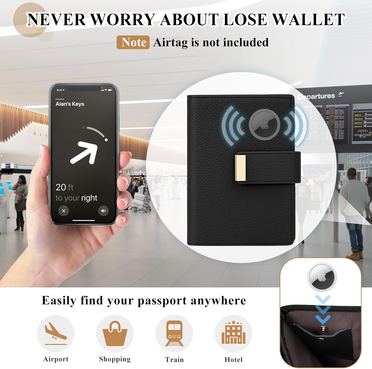 RFID Passport Holder with AirTag Slot Leather Travel Wallet