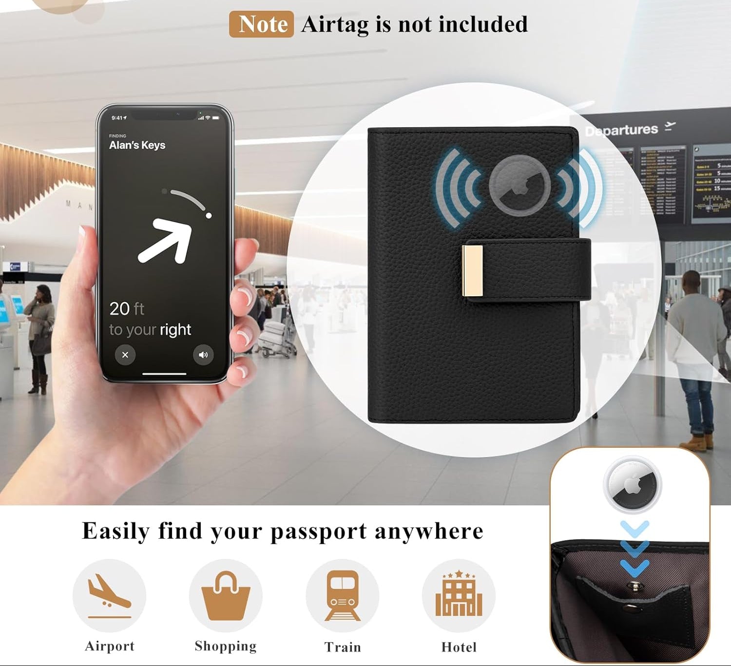 RFID leather passport holder with AirTag slot for secure and organized travel.