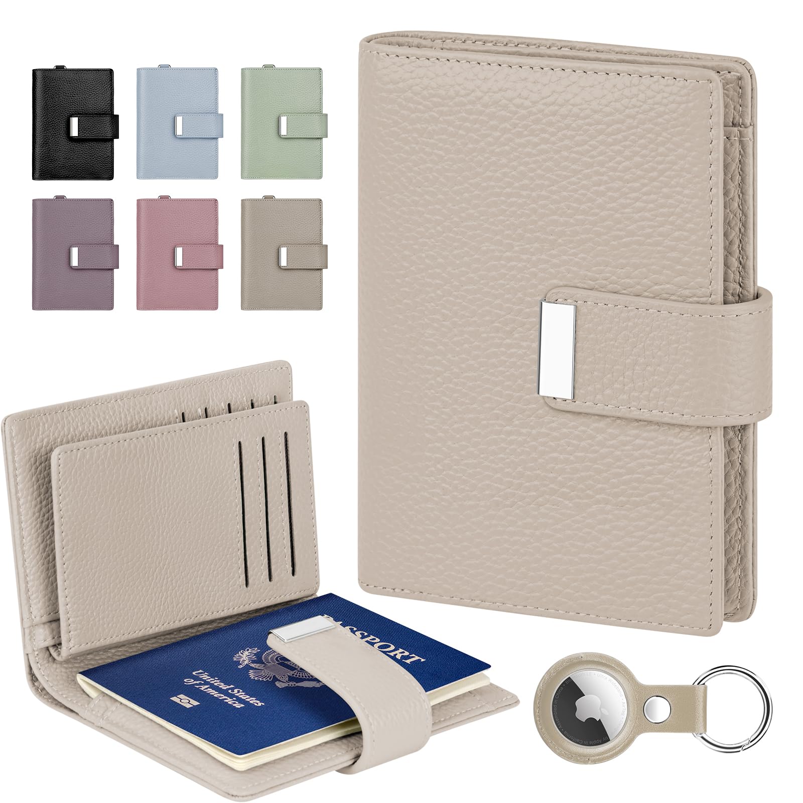 RFID Passport Holder with AirTag Slot Leather Travel Wallet