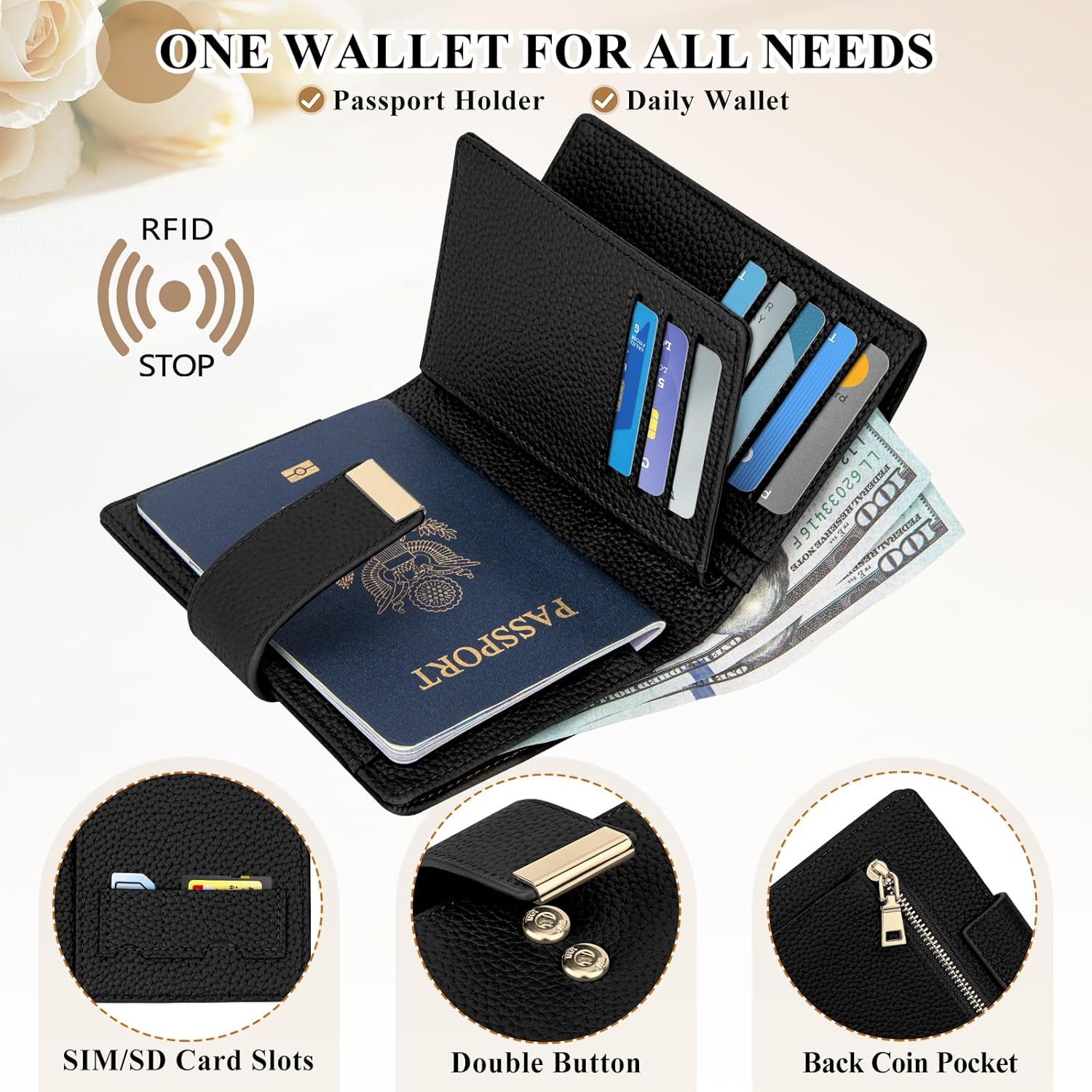 RFID Passport Holder with AirTag Slot Leather Travel Wallet
