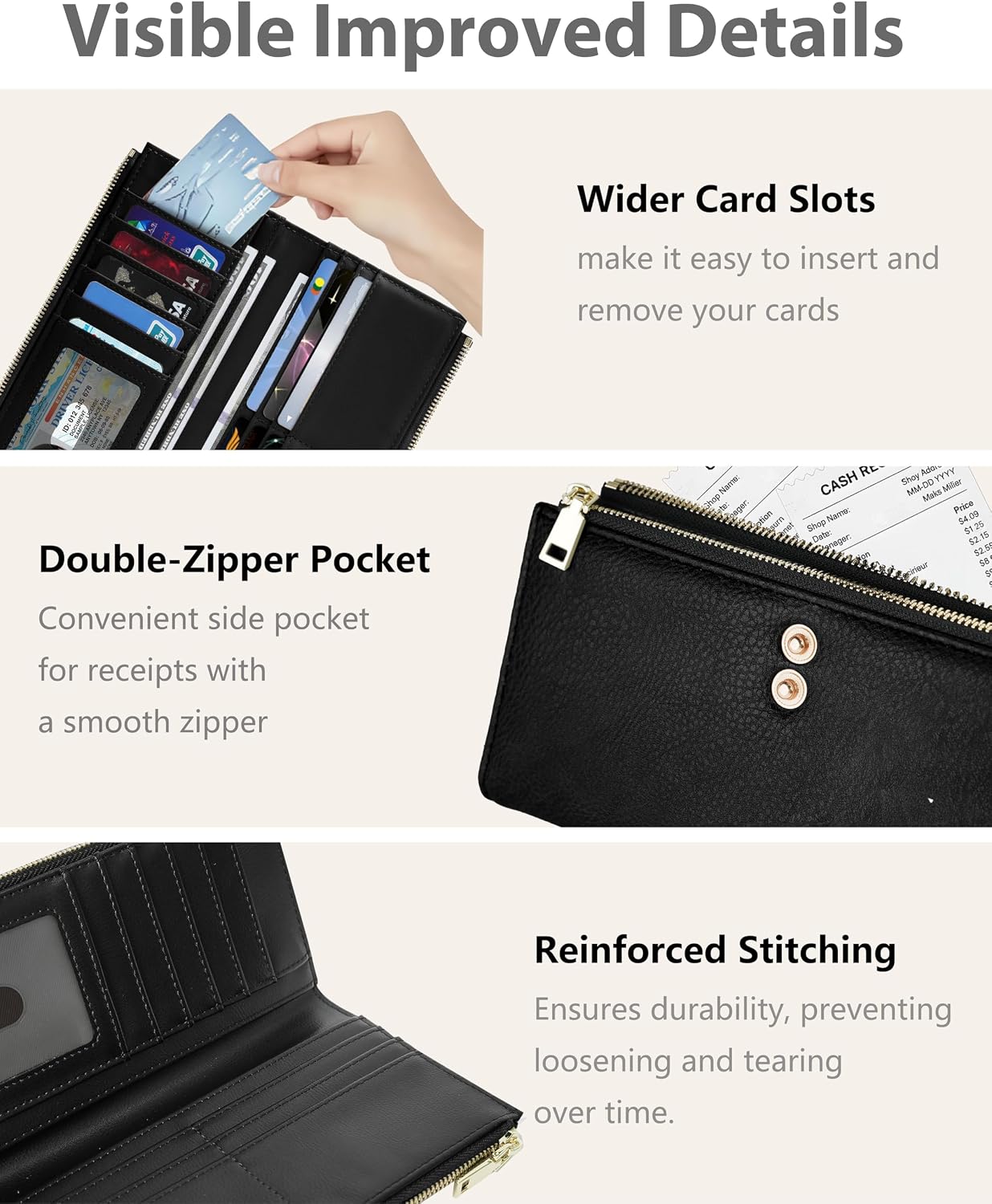 Women’s Wallet,Thin RFID Blocking Leather Wallet for Women Credit Card Holder Travel Wallet with Zipper Pocket (Black)