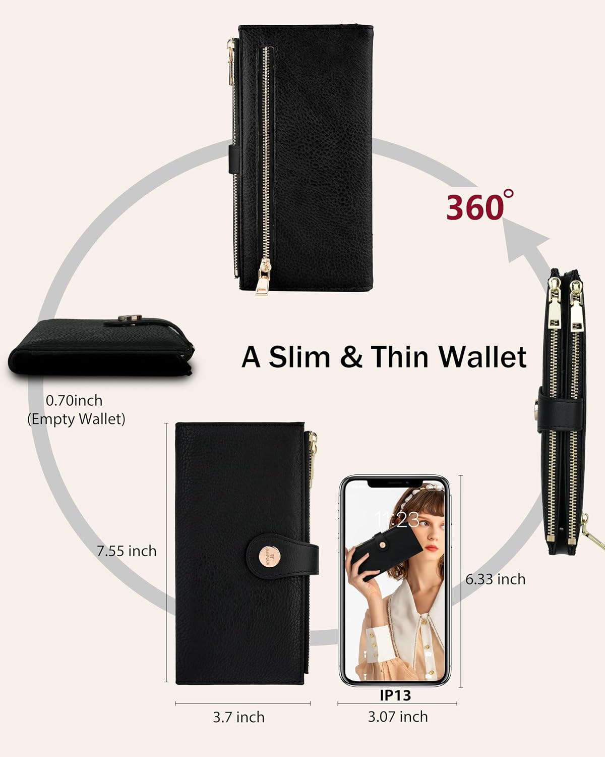 Women’s Wallet,Thin RFID Blocking Leather Wallet for Women Credit Card Holder Travel Wallet with Zipper Pocket (Black)