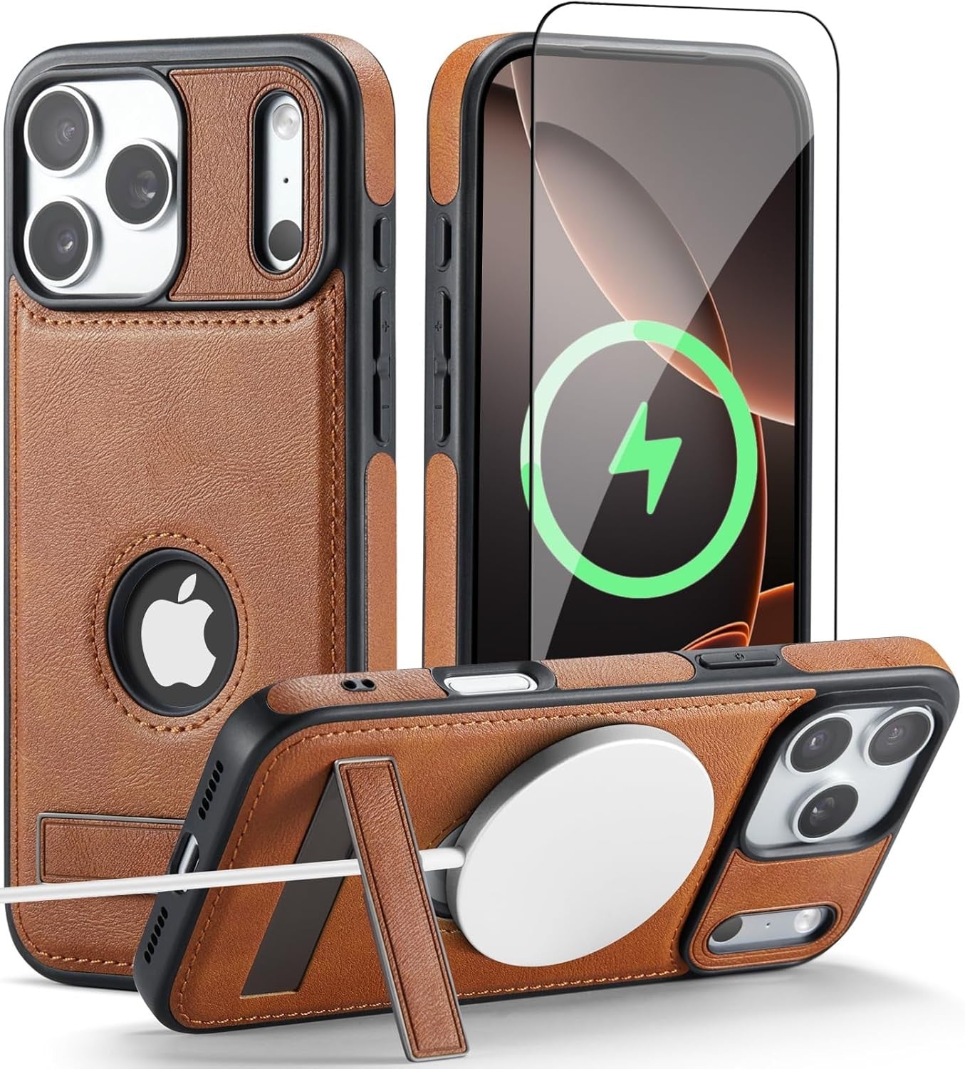 iPhone MagSafe Case with Kickstand & Tempered Glass Screen Protector