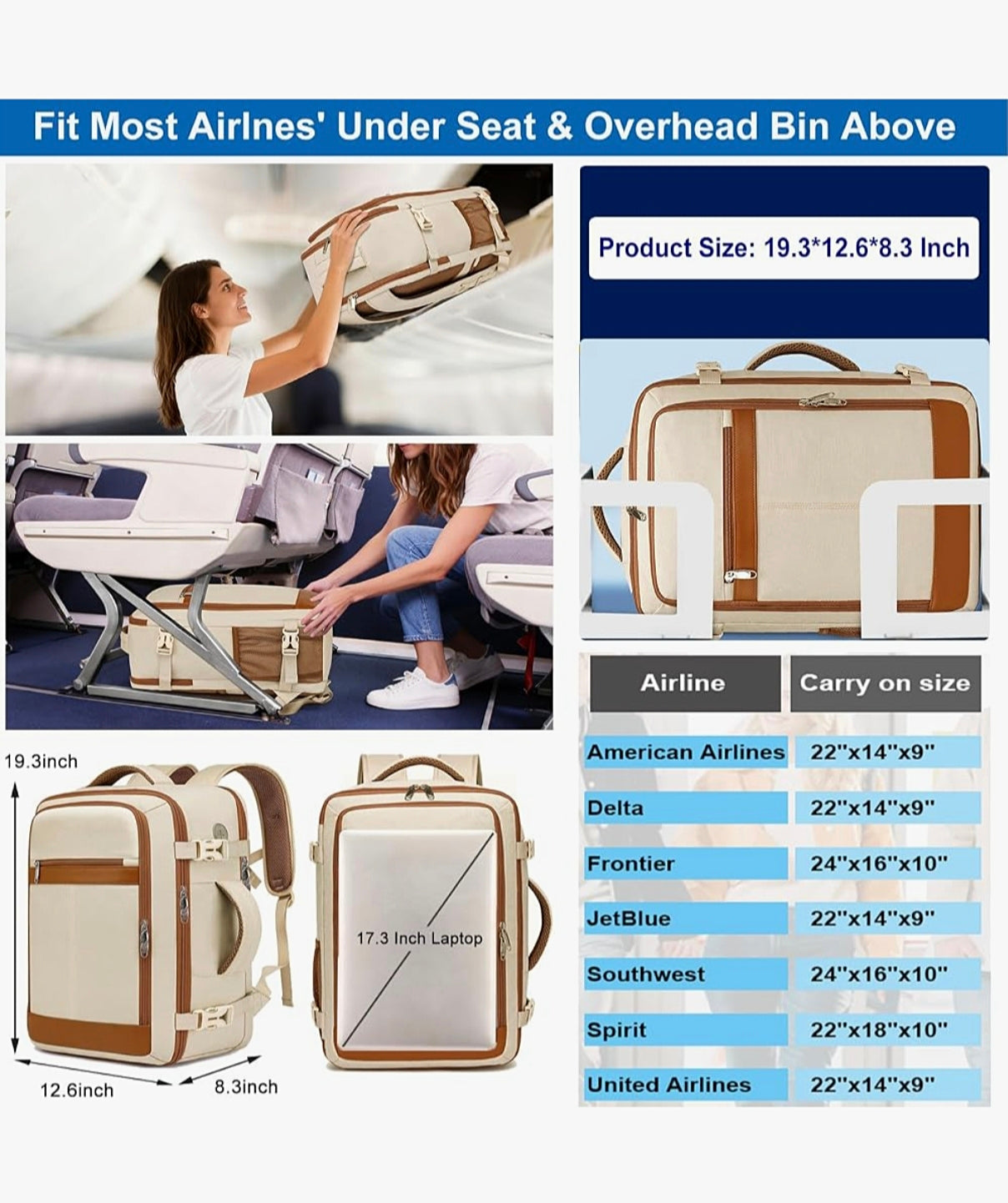 33L Women's Airline Approved Travel Backpack TSA Carry On Laptop Bag