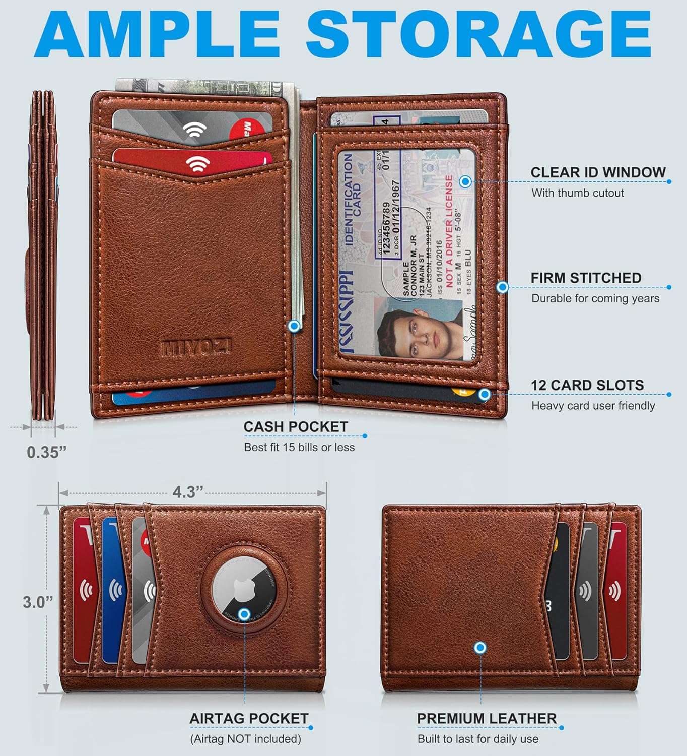 Slim AirTag Wallet for Men RFID Blocking Leather with Money Clip