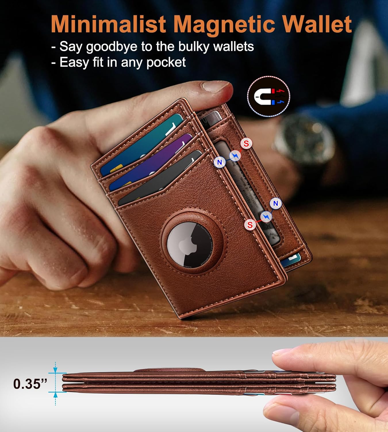 Slim AirTag Wallet for Men RFID Blocking Leather with Money Clip