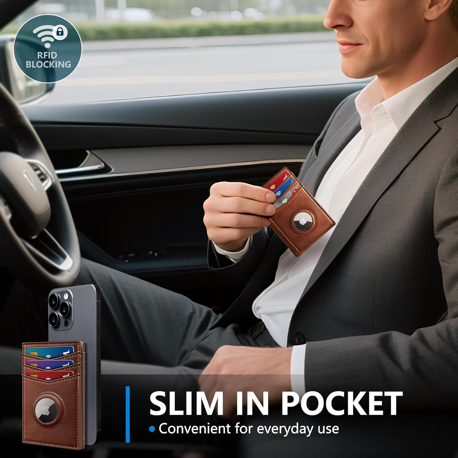 Slim AirTag Wallet for Men RFID Blocking Leather with Money Clip