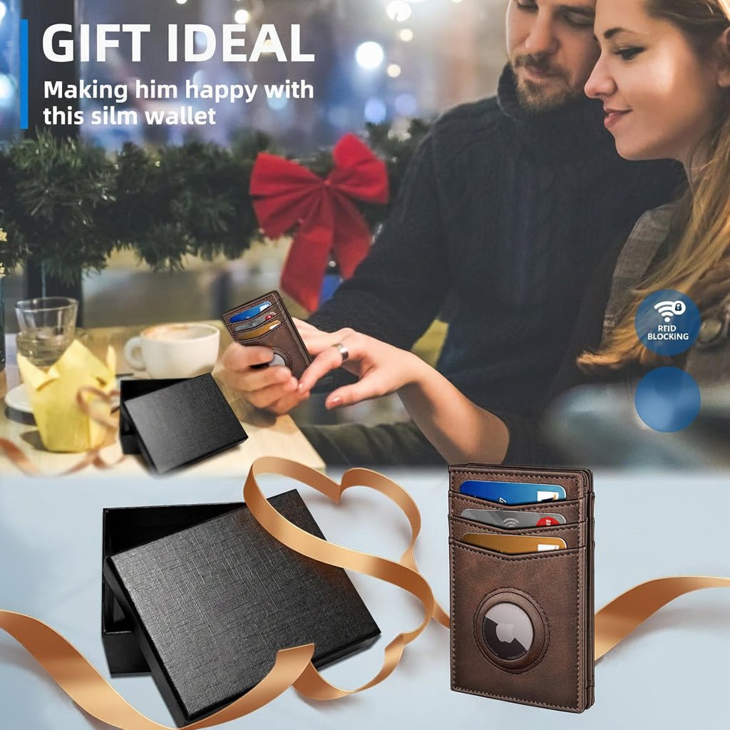 miyozi AirTag Wallet for Men, Slim Minimalist Genuine Leather Bifold, Front Pocket Wallet with 12 Card Slots, ID Window, RFID Blocking, Simple Bill Slot & Magnetic Closure, Gift Boxed