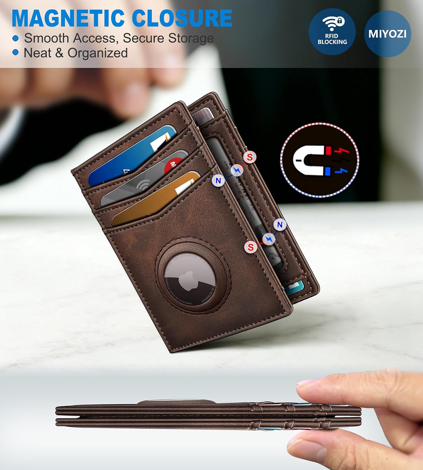 miyozi AirTag Wallet for Men, Slim Minimalist Genuine Leather Bifold, Front Pocket Wallet with 12 Card Slots, ID Window, RFID Blocking, Simple Bill Slot & Magnetic Closure, Gift Boxed