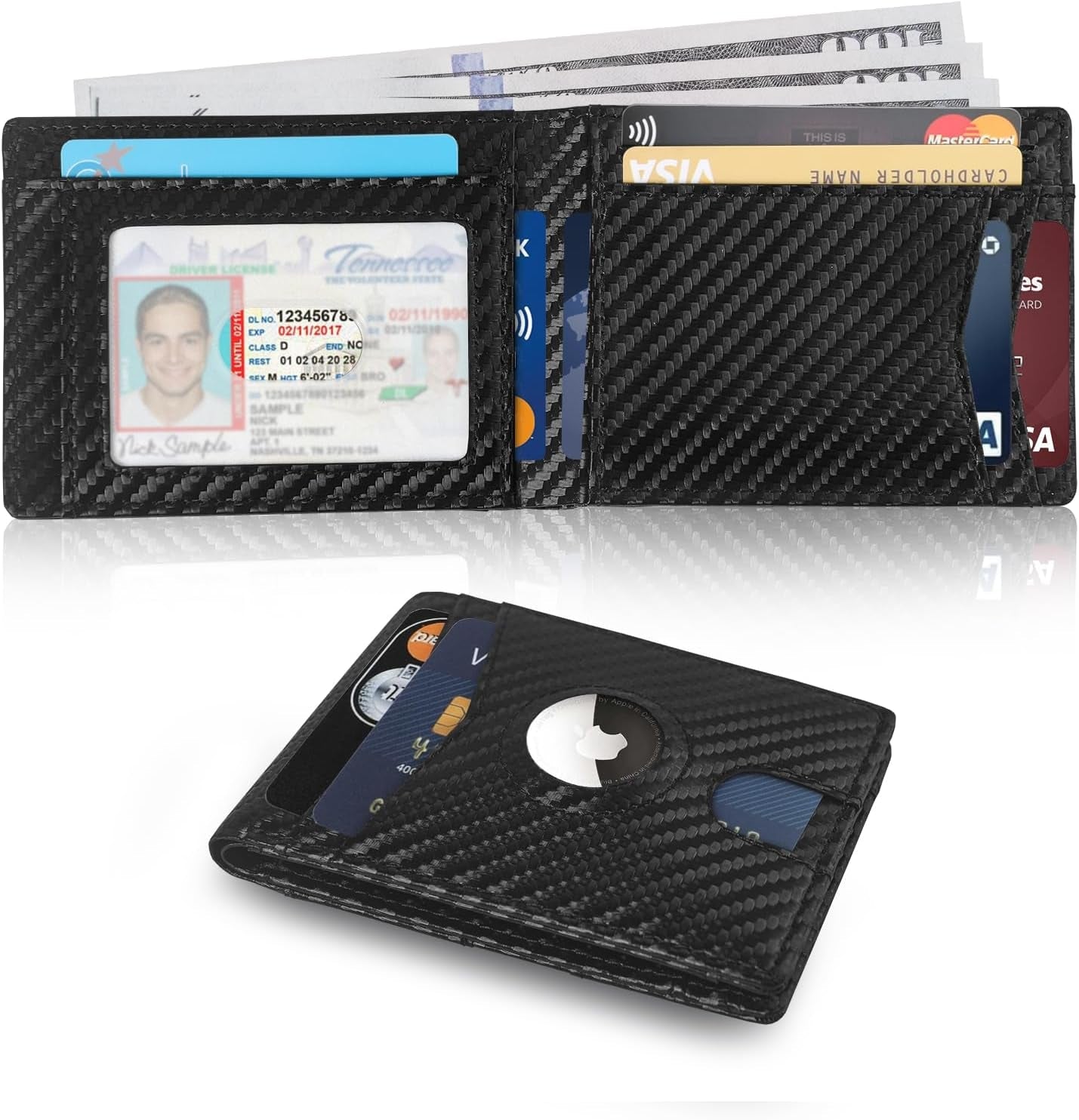 Slim Carbon Fiber AirTag Wallet for Men – 13 Card Slots, RFID Blocking, Minimalist Bifold with AirTag Holder - Abbycart