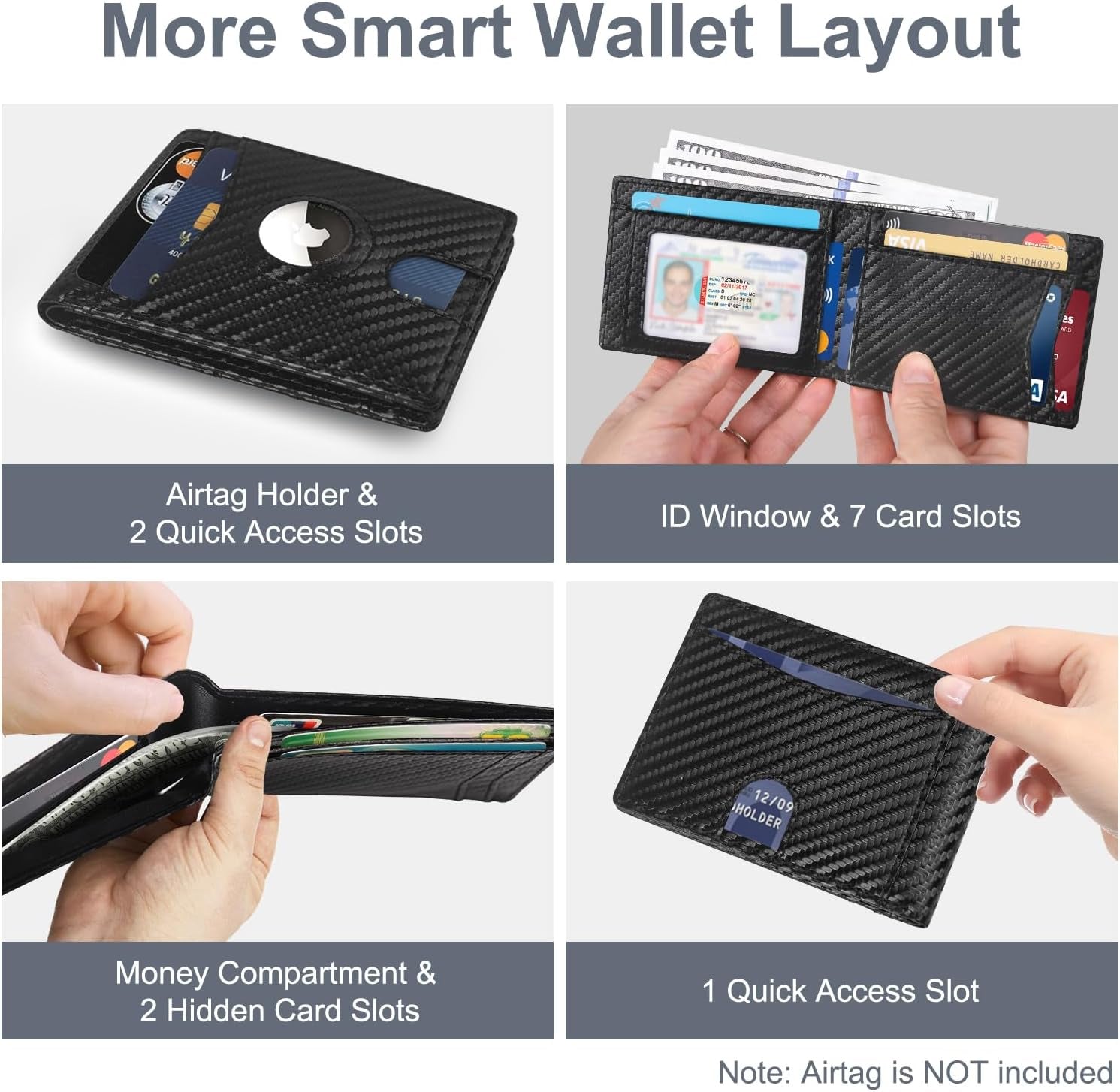 Slim Carbon Fiber AirTag Wallet for Men – 13 Card Slots, RFID Blocking, Minimalist Bifold with AirTag Holder - Abbycart