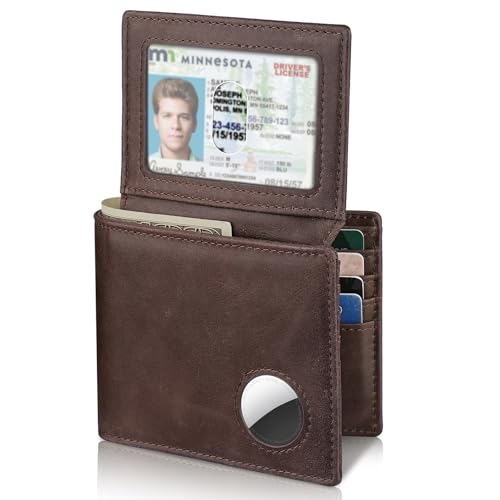 Slim Leather AirTag Wallet for Men – RFID Blocking Bifold with Built - In AirTag Holder, 13 Card Slots, 2 ID Windows, and Hidden Cash Pocket - Abbycart