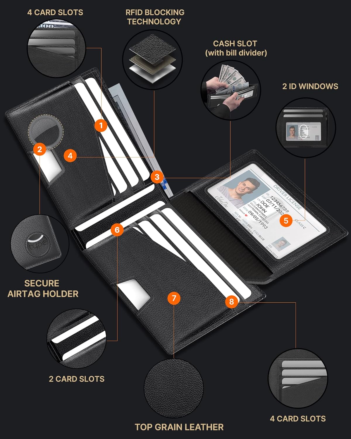 Slim Leather AirTag Wallet – RFID Blocking Bifold with 10 Card Slots, 17 - Card Capacity, and Gift - Ready Design for Men - Abbycart