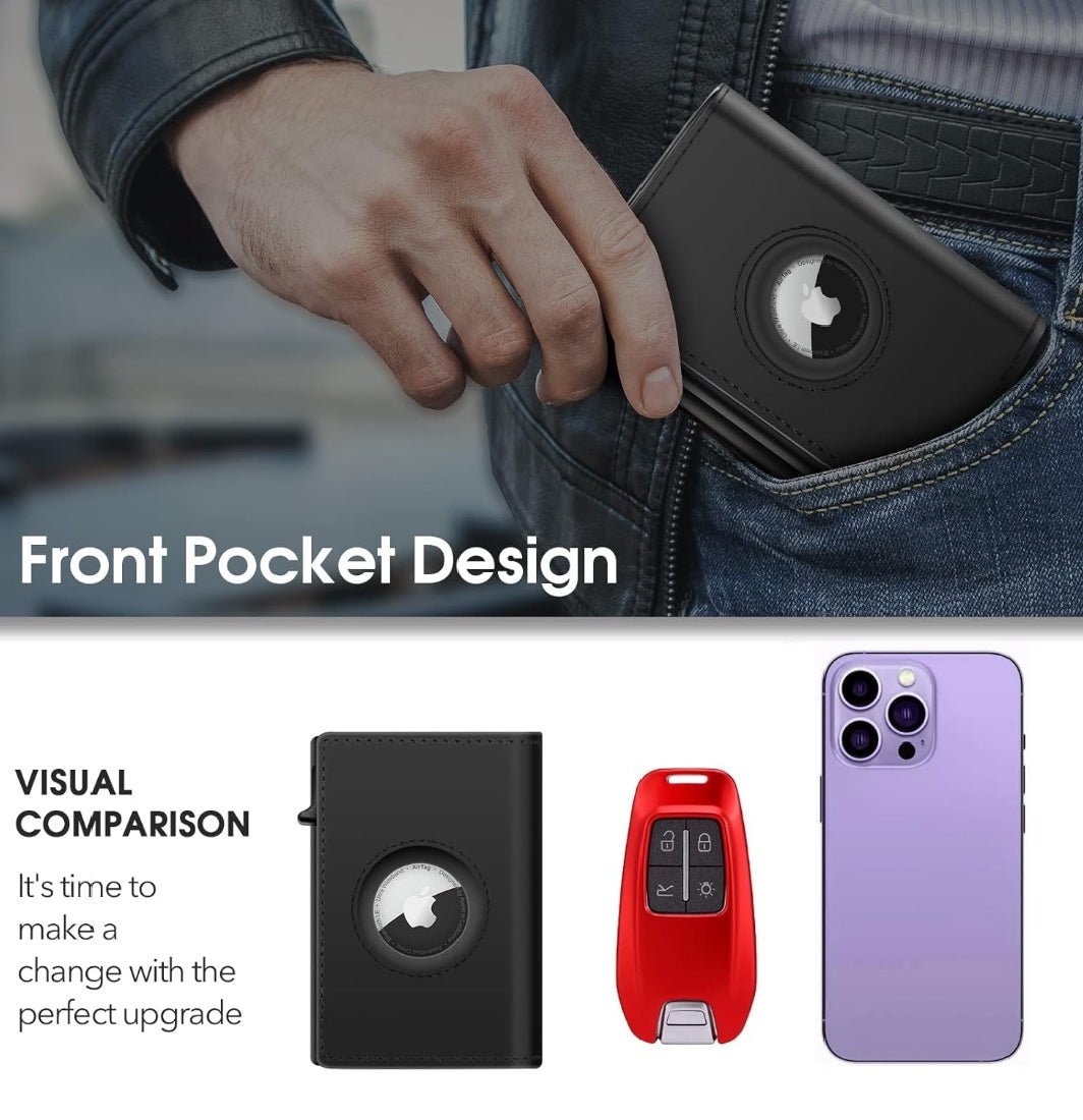 Compact Black Leather Front Pocket Wallet with AirTag Slot and Quick Card Access Design