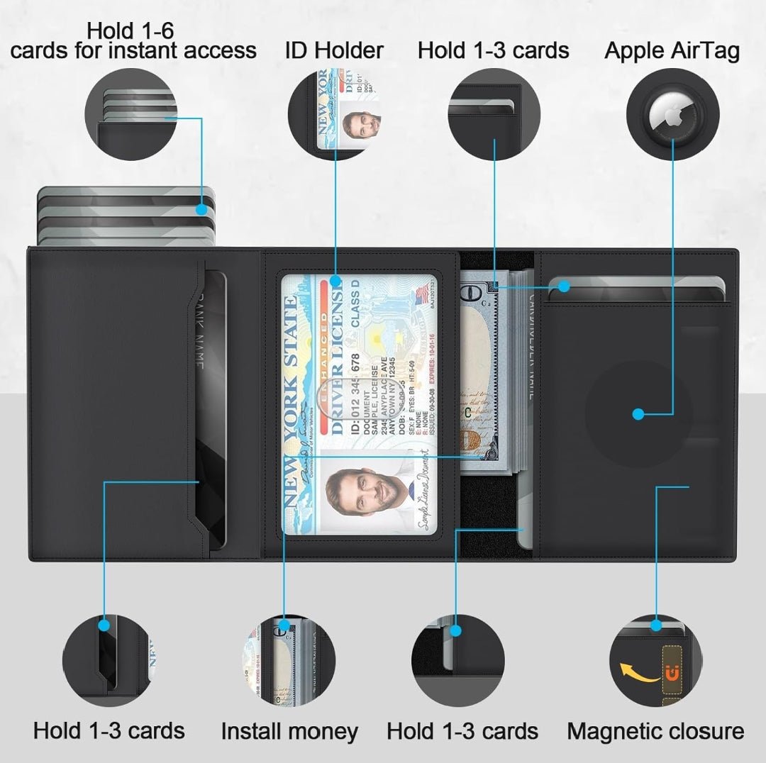 Black Leather AirTag Wallet with RFID Protection, ID Window, Cash Pocket and Multi-Card Storage