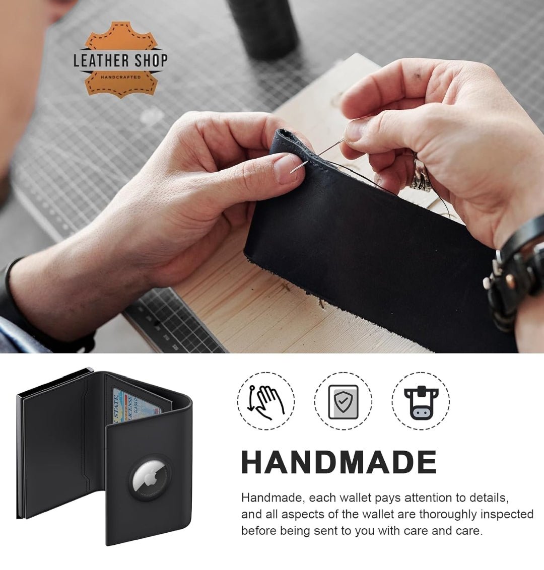 Handcrafted Black Leather RFID Wallet with AirTag Holder, Premium Stitching and Slim Profile
