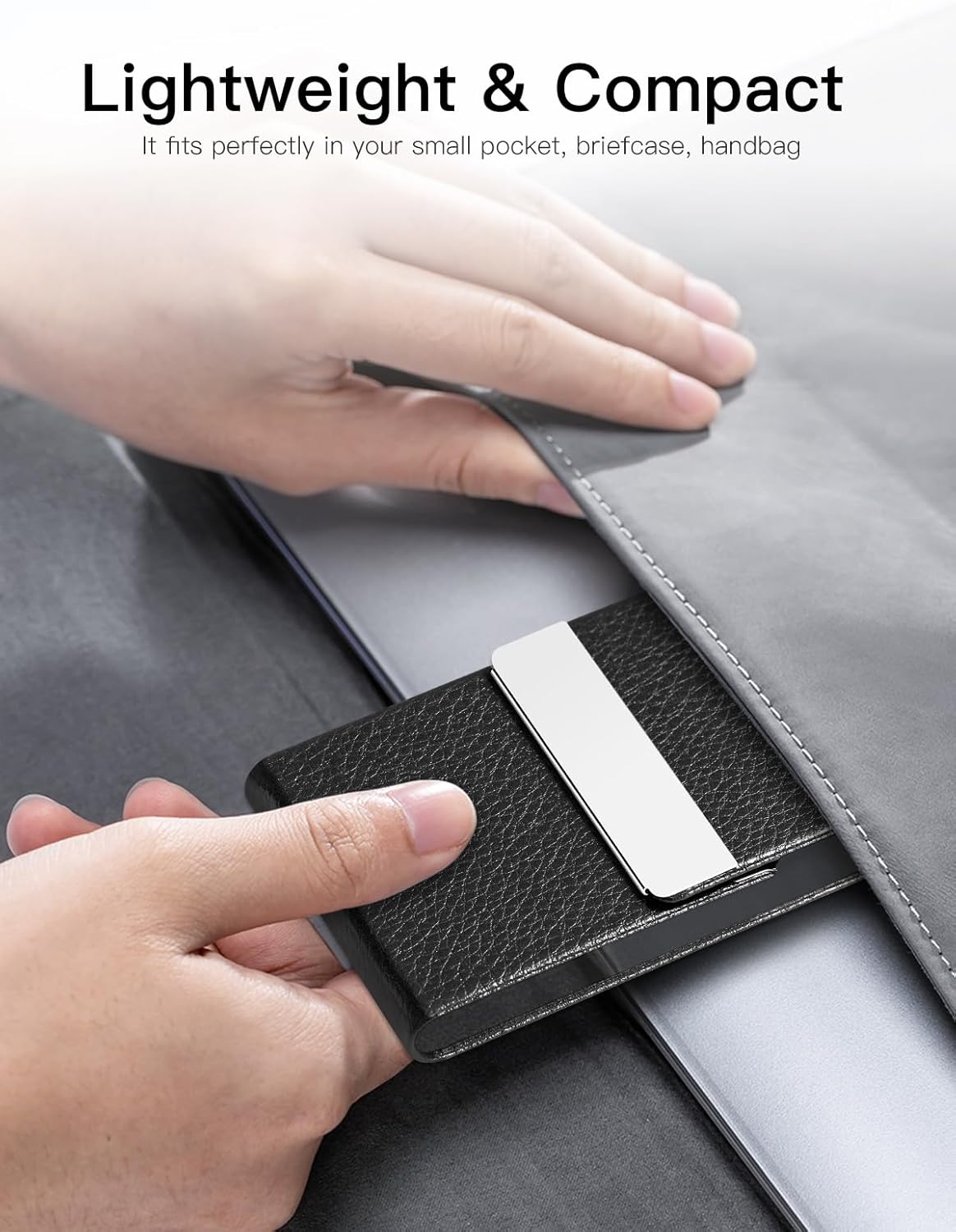 Professional Business Card Holder Leather Business Card Case Name Card Holder Slim Metal Pocket Card Holder with Magnetic Shut (Black)