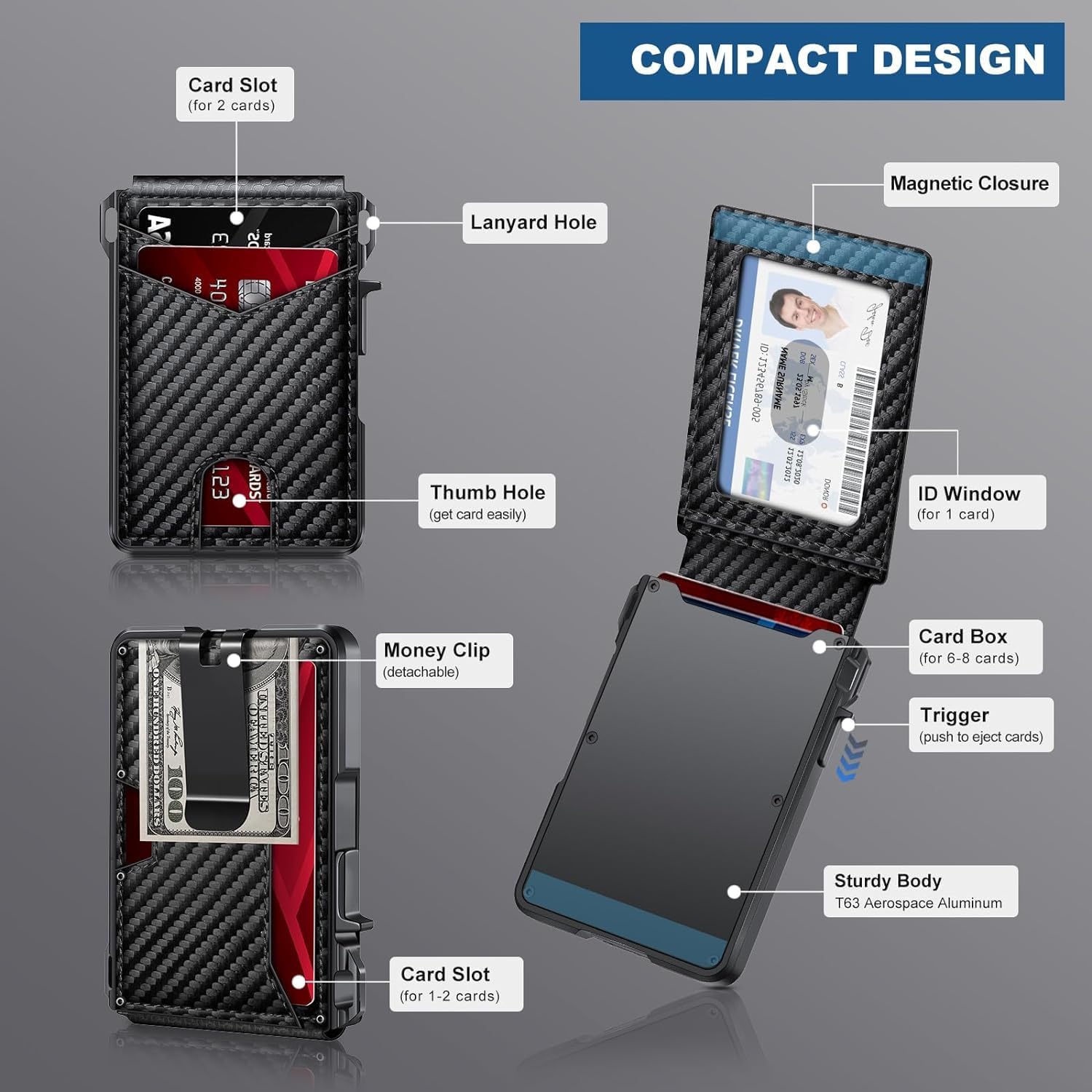 Slim Minimalist Wallet for Men with Money Clip – RFID Blocking, Pop - Up Card Holder, Holds 9 - 13 Cards - Abbycart