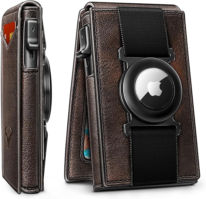 Slim RFID Airtag Wallet for Men – Minimalist Leather Front Pocket Wallet with Pop-Up Card Access