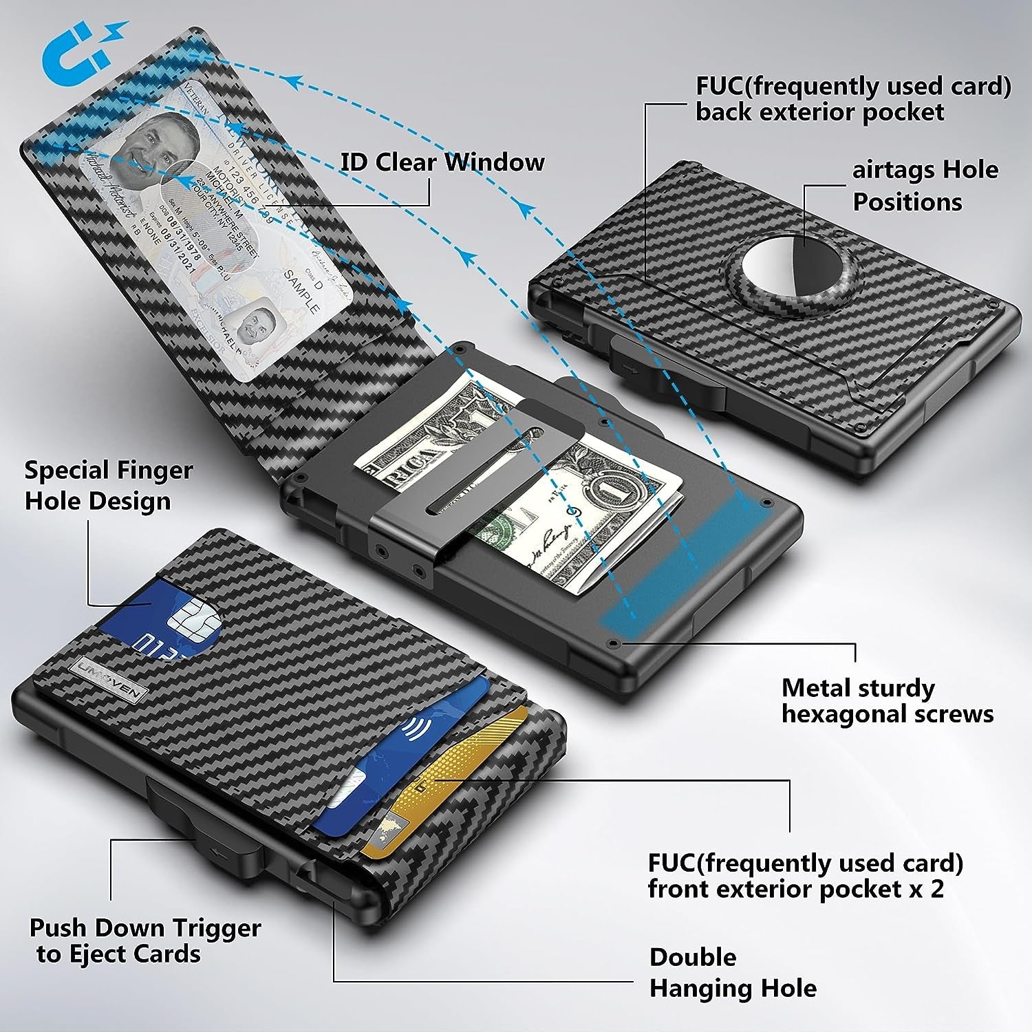 Slim RFID Airtag Wallet for Men - Pop-Up Leather Card Holder & Money Clip