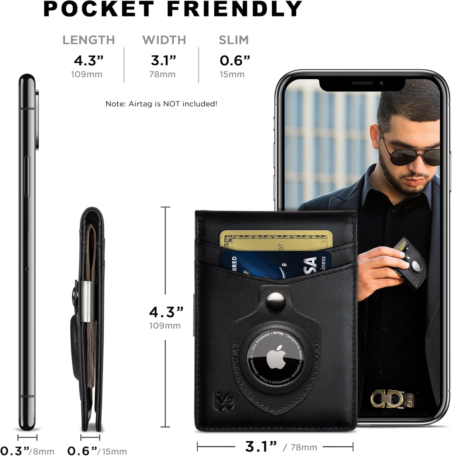 Slim RFID Blocking Leather Money Clip Wallet for Men with AirTag Holder – Minimalist Front Pocket Design, 11 Card Slots - Abbycart