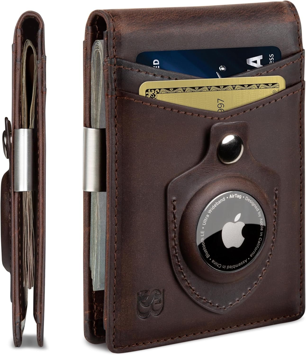 Slim RFID Blocking Leather Money Clip Wallet for Men with AirTag Holder – Minimalist Front Pocket Design, 11 Card Slots - Abbycart