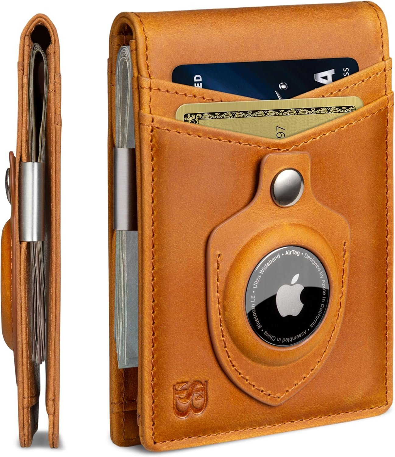 Slim RFID Blocking Leather Money Clip Wallet for Men with AirTag Holder – Minimalist Front Pocket Design, 11 Card Slots - Abbycart