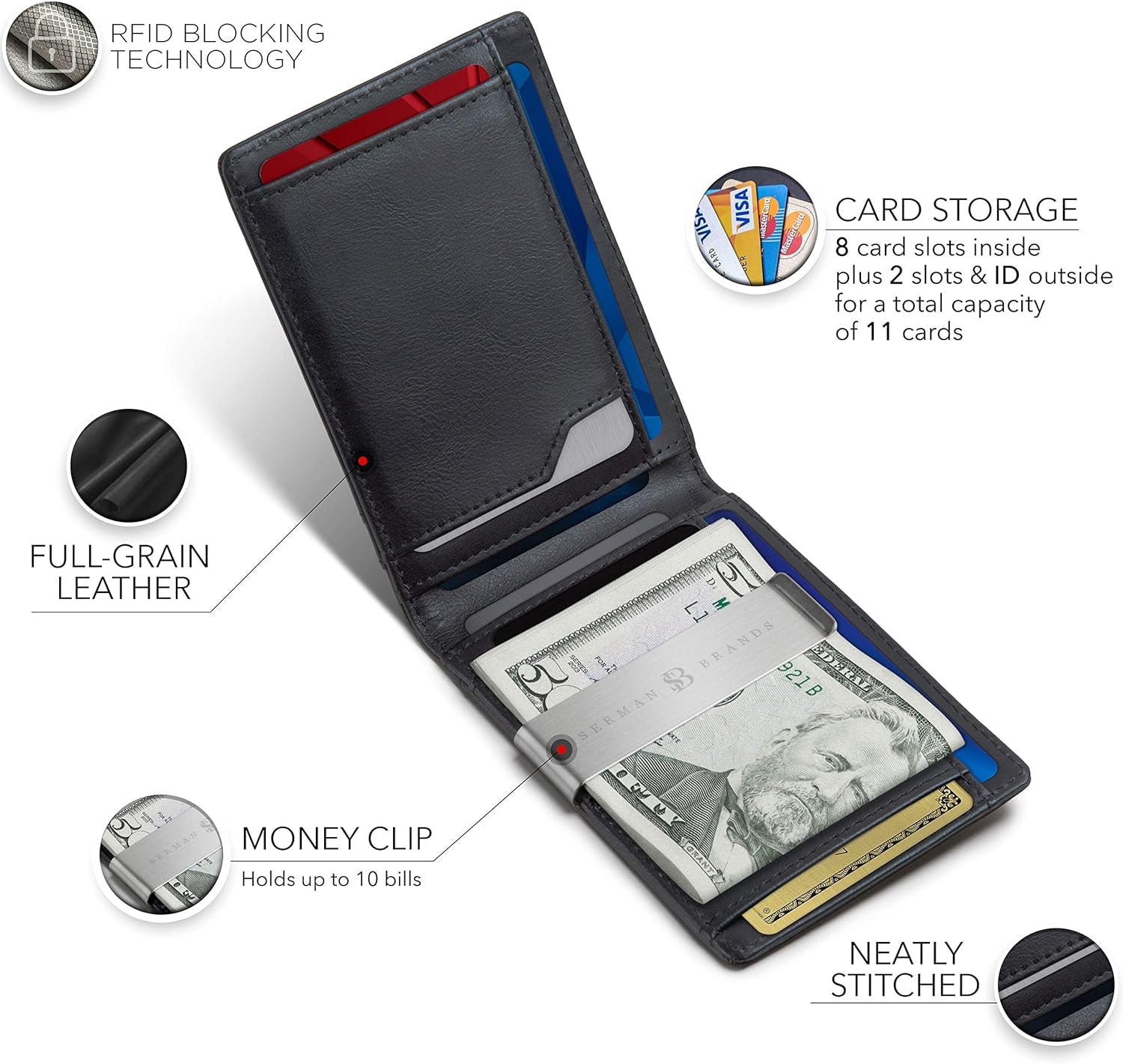 Slim RFID Blocking Leather Money Clip Wallet for Men with AirTag Holder – Minimalist Front Pocket Design, 11 Card Slots - Abbycart