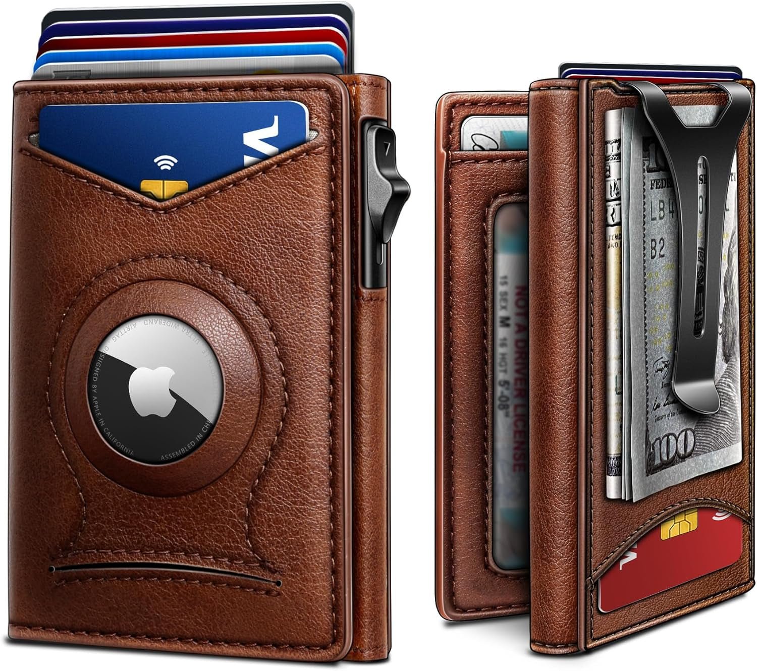 Slim RFID Money Clip Wallet for Men – Leather AirTag Holder, 9 Card Slots, Magnetic Flip - Abbycart