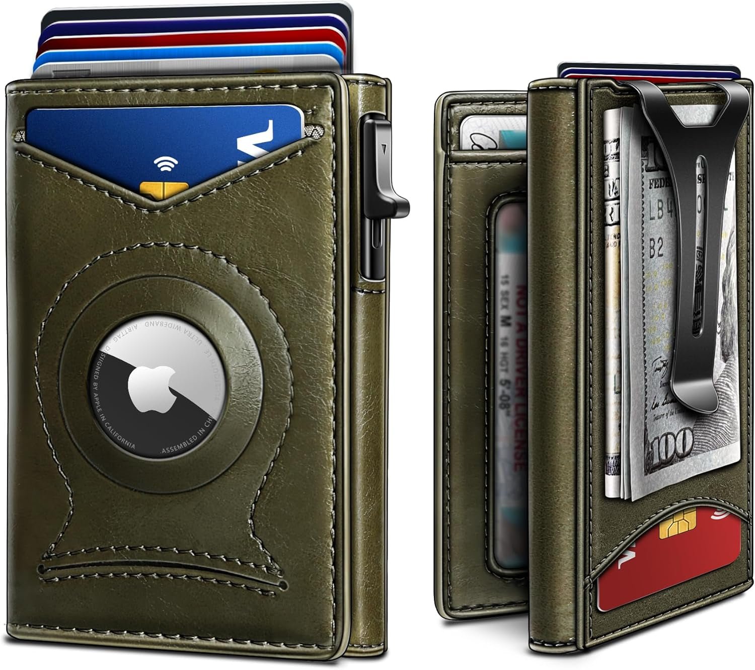 Slim RFID Money Clip Wallet for Men – Leather AirTag Holder, 9 Card Slots, Magnetic Flip - Abbycart
