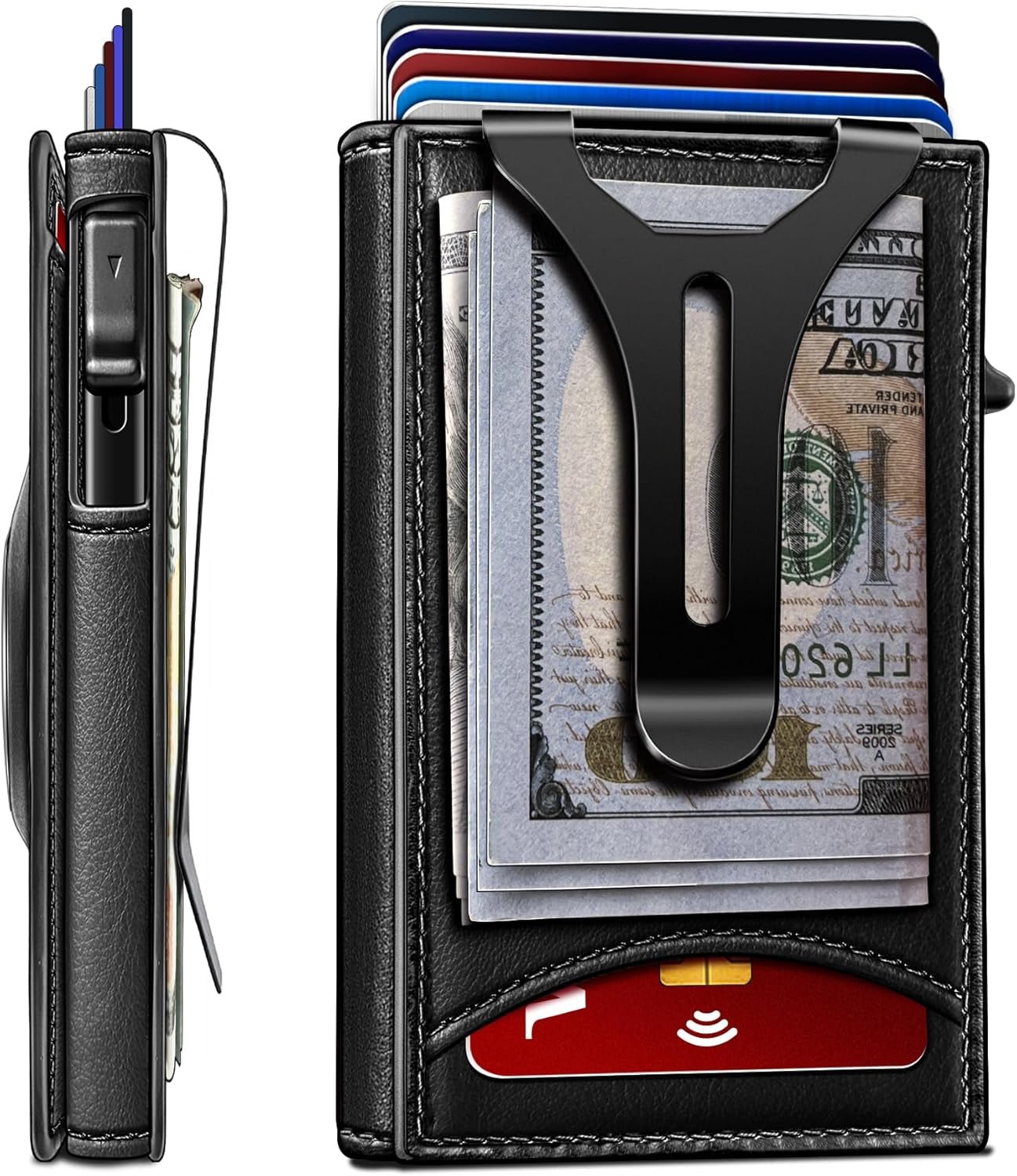 Slim RFID Money Clip Wallet for Men – Leather AirTag Holder, 9 Card Slots, Magnetic Flip - Abbycart