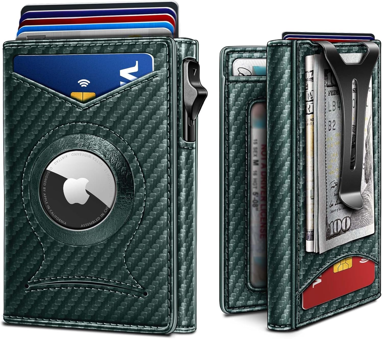 Slim RFID Money Clip Wallet for Men – Leather AirTag Holder, 9 Card Slots, Magnetic Flip