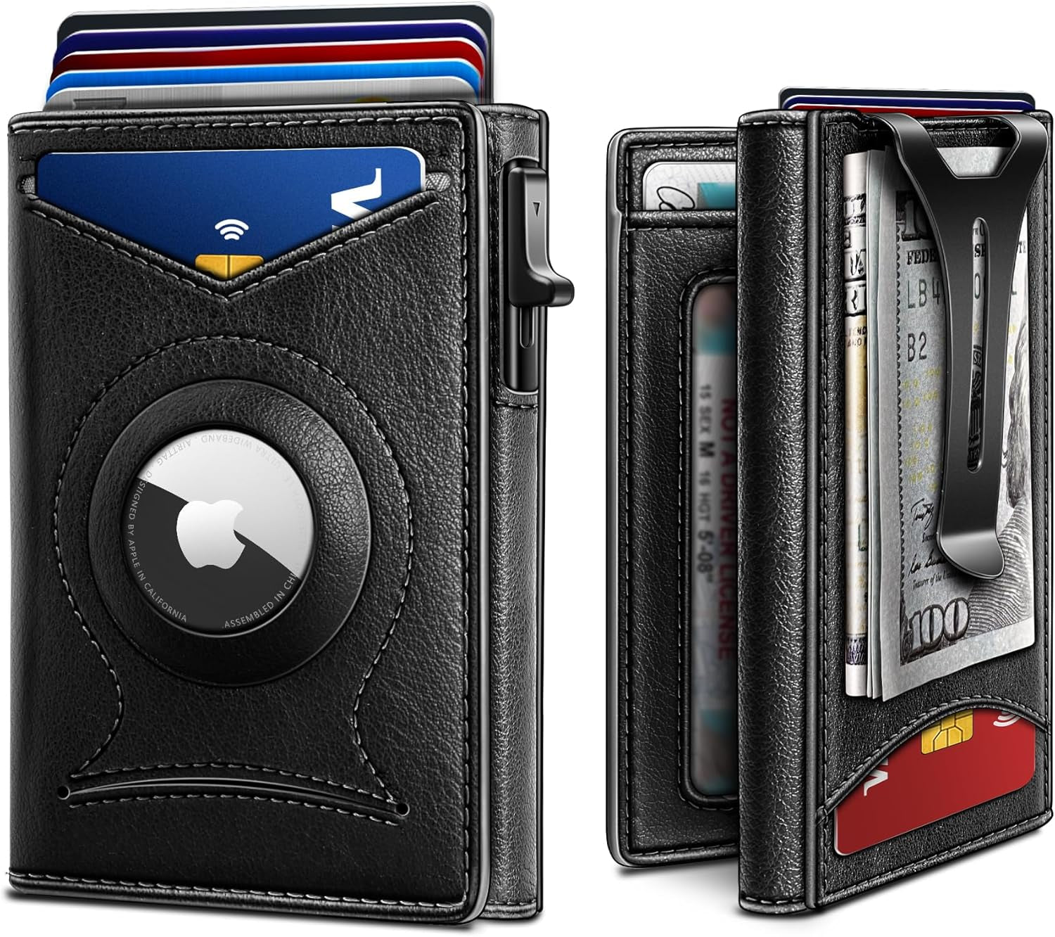 Slim RFID Money Clip Wallet for Men – Leather AirTag Holder, 9 Card Slots, Magnetic Flip - Abbycart