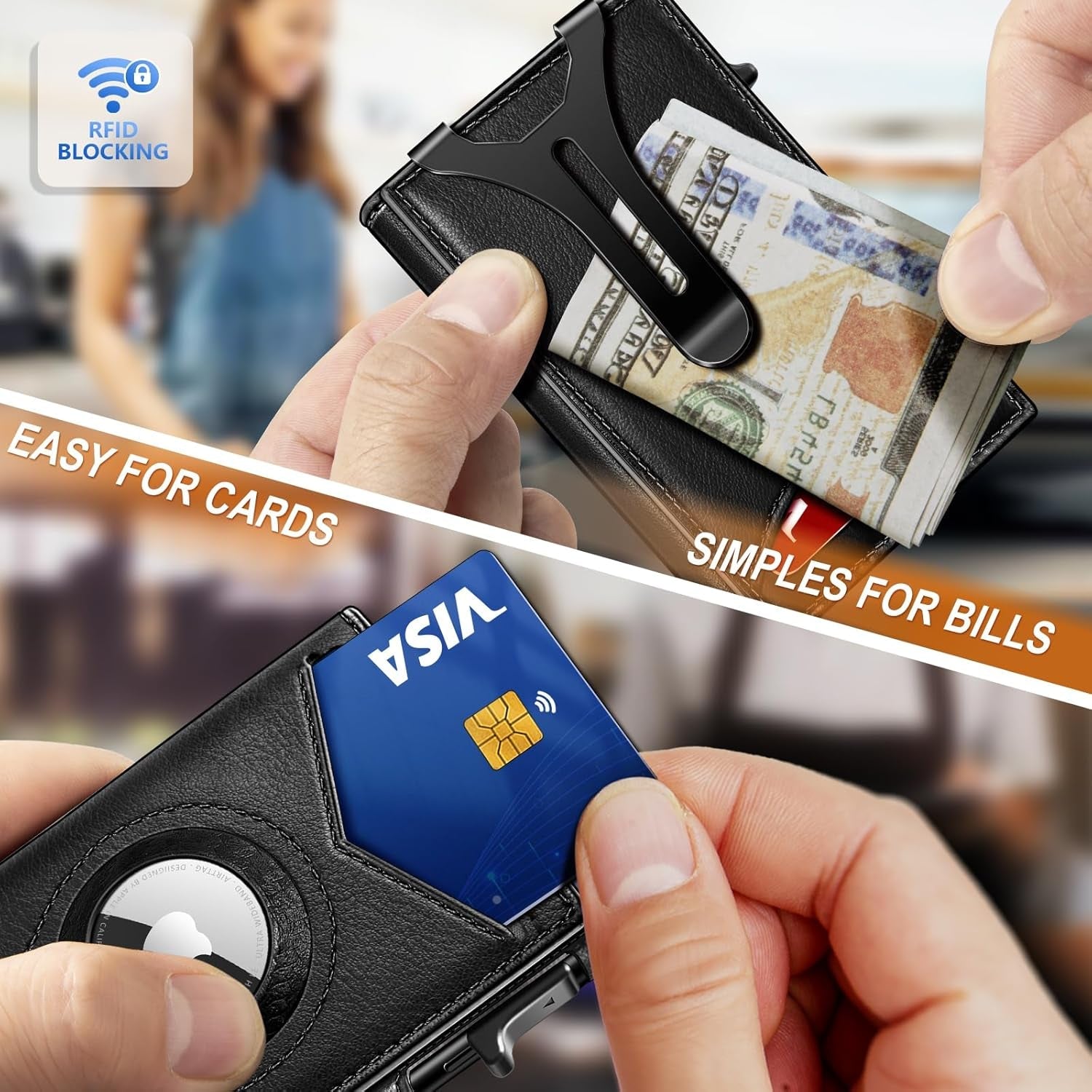 Slim RFID Money Clip Wallet for Men – Leather AirTag Holder, 9 Card Slots, Magnetic Flip - Abbycart