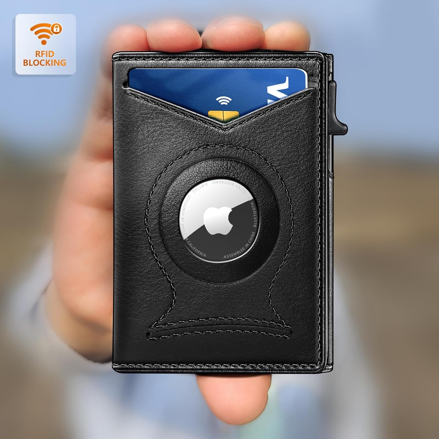 Slim RFID Money Clip Wallet for Men – Leather AirTag Holder, 9 Card Slots, Magnetic Flip - Abbycart