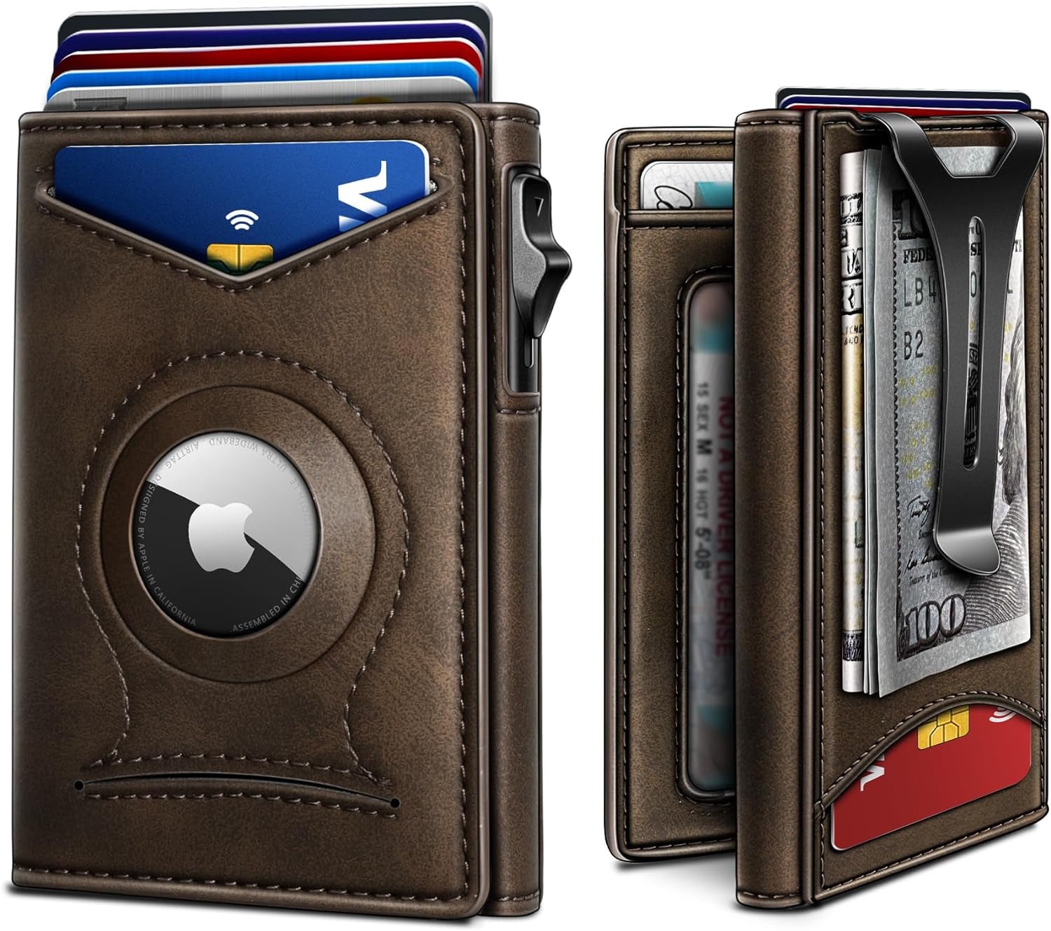 Slim RFID Money Clip Wallet for Men – Leather AirTag Holder, 9 Card Slots, Magnetic Flip - Abbycart