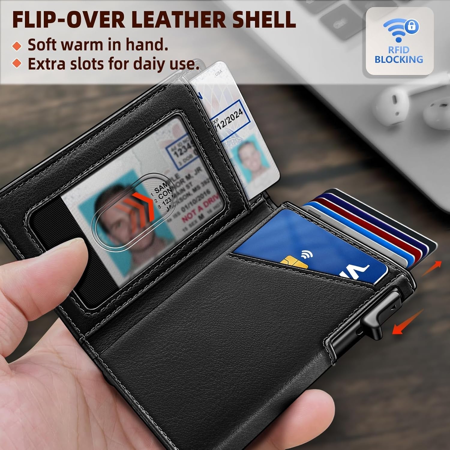 Slim RFID Money Clip Wallet for Men – Leather AirTag Holder, 9 Card Slots, Magnetic Flip - Abbycart