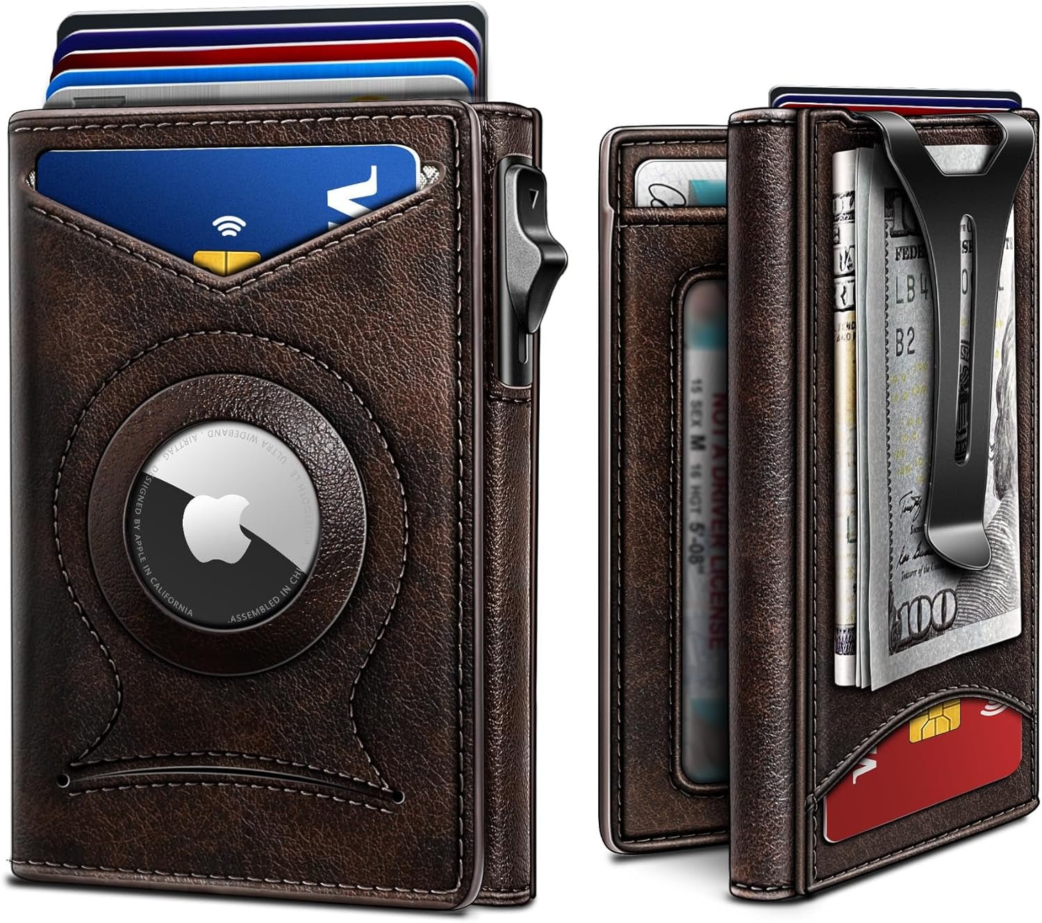 Slim RFID Money Clip Wallet for Men – Leather AirTag Holder, 9 Card Slots, Magnetic Flip - Abbycart