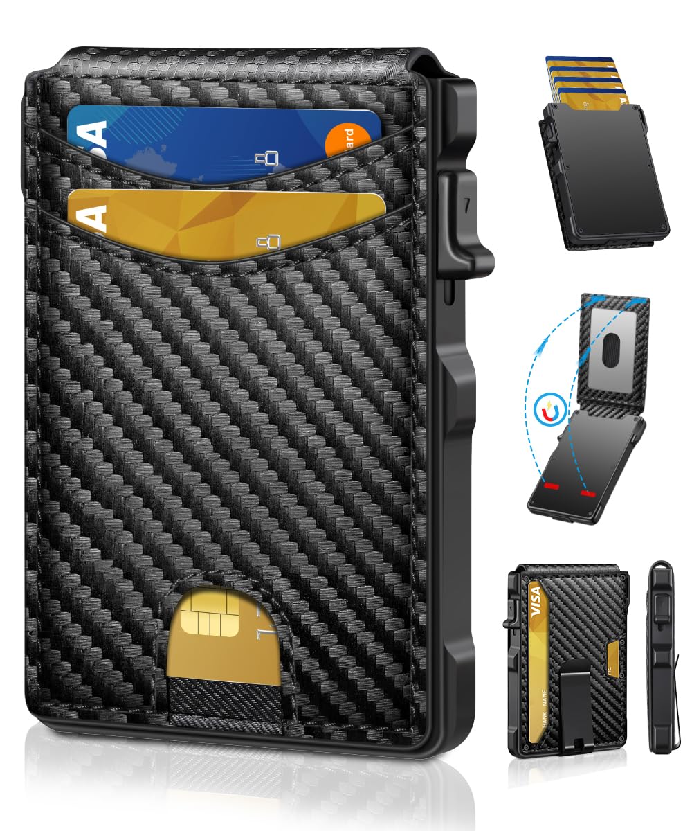 Slim RFID Wallet for Men – Carbon Fiber Pop - Up Card Holder with Money Clip, Magnetic Closure & ID Window - Abbycart