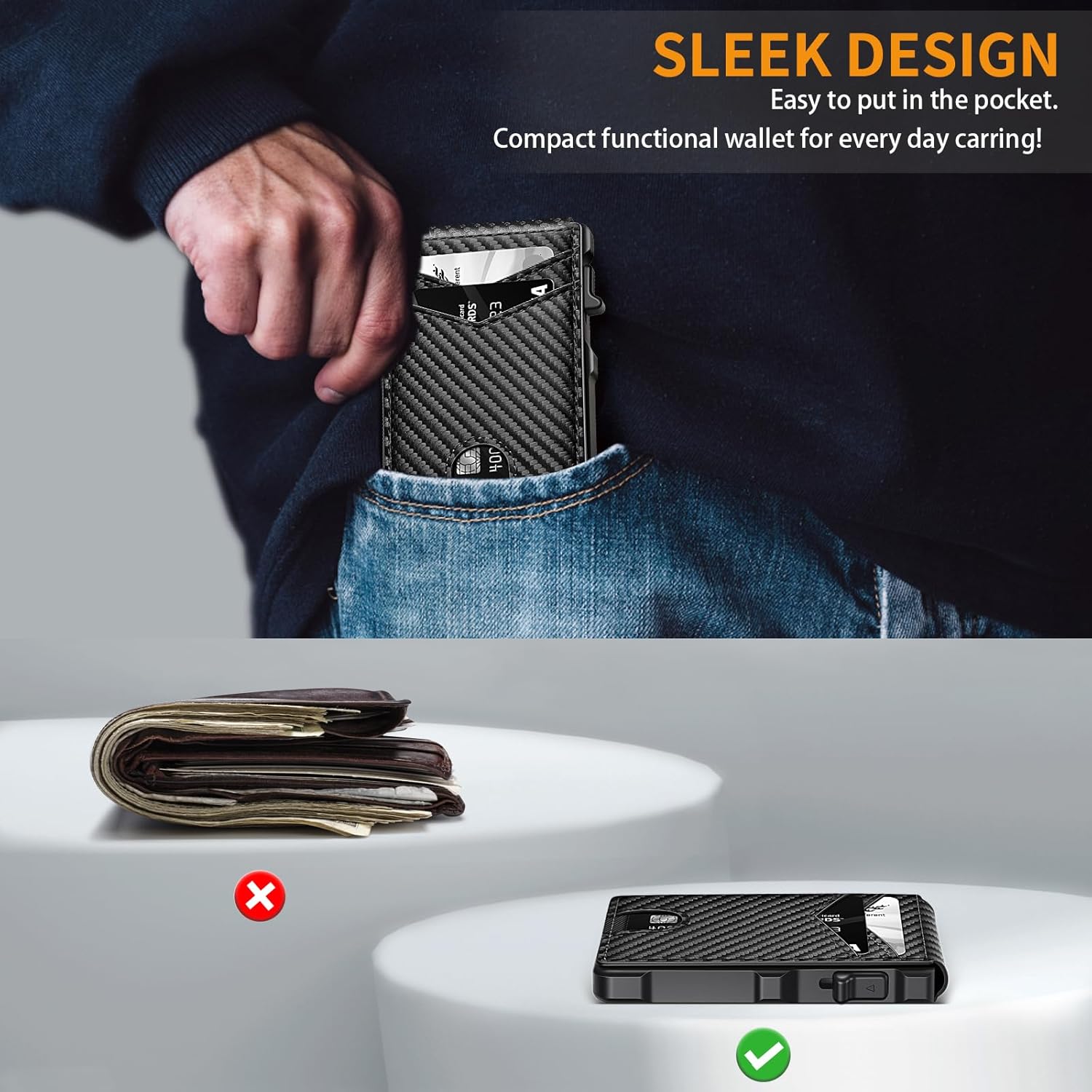 Slim RFID Wallet for Men – Carbon Fiber Pop - Up Card Holder with Money Clip, Magnetic Closure & ID Window - Abbycart