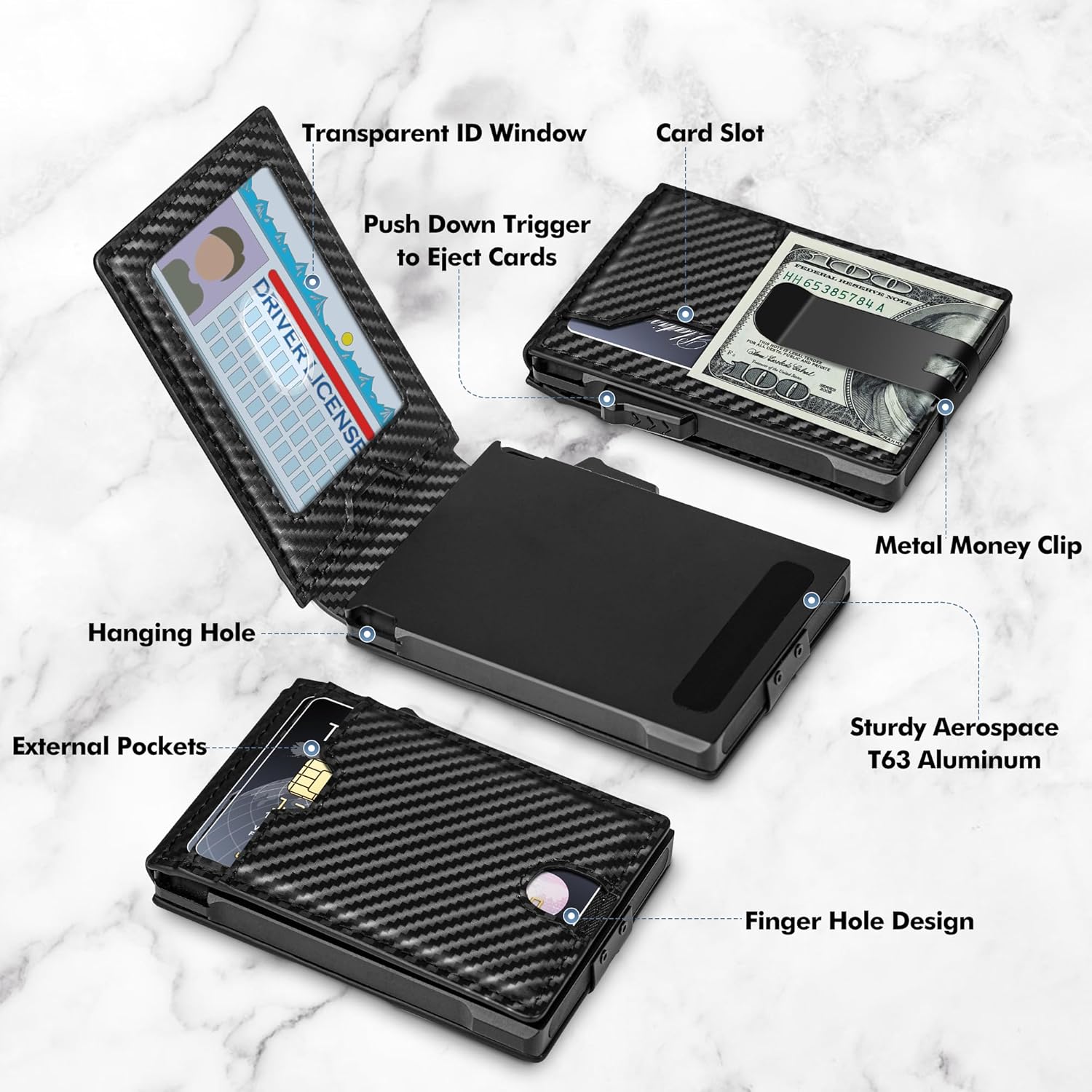Minimalist Wallet for Men,Slim RFID Blocking Bifold Wallet Credit Card Holder Aluminum Pop-Up Card Case with Money Clip (Carbon Fiber Black)
