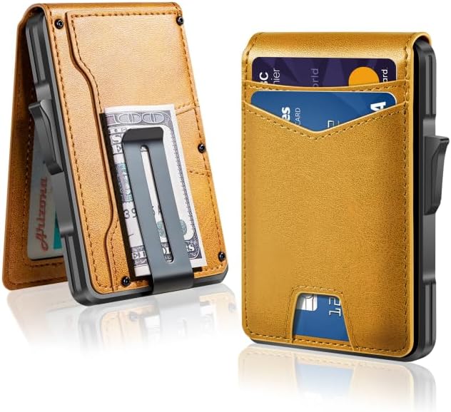 Slim RFID Wallet for Men with Pop - Up Card Holder – Waterproof Aluminum & Leather Bifold with 2 ID Windows, Money Clip, Holds 12+ Cards - Abbycart
