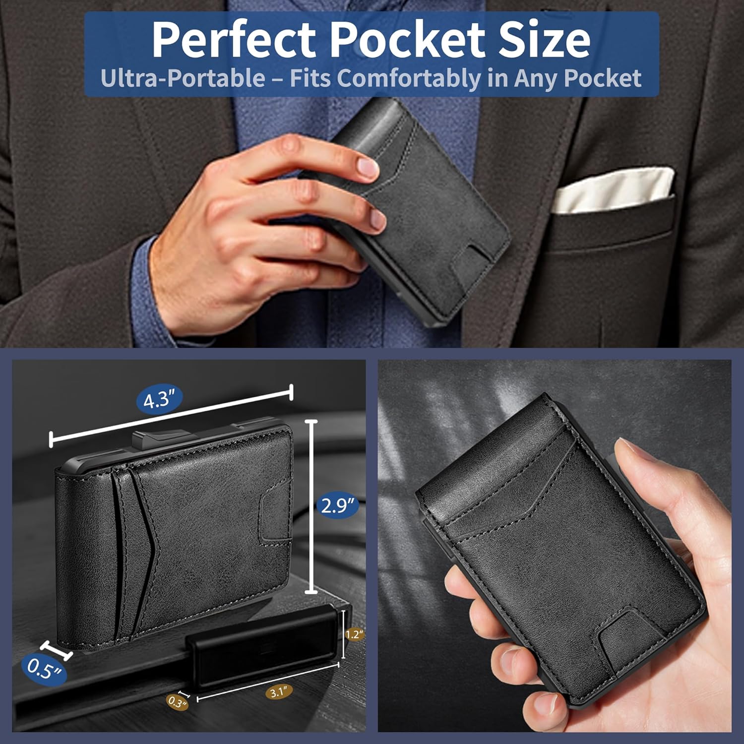 Slim RFID Wallet for Men with Pop - Up Card Holder – Waterproof Aluminum & Leather Bifold with 2 ID Windows, Money Clip, Holds 12+ Cards - Abbycart