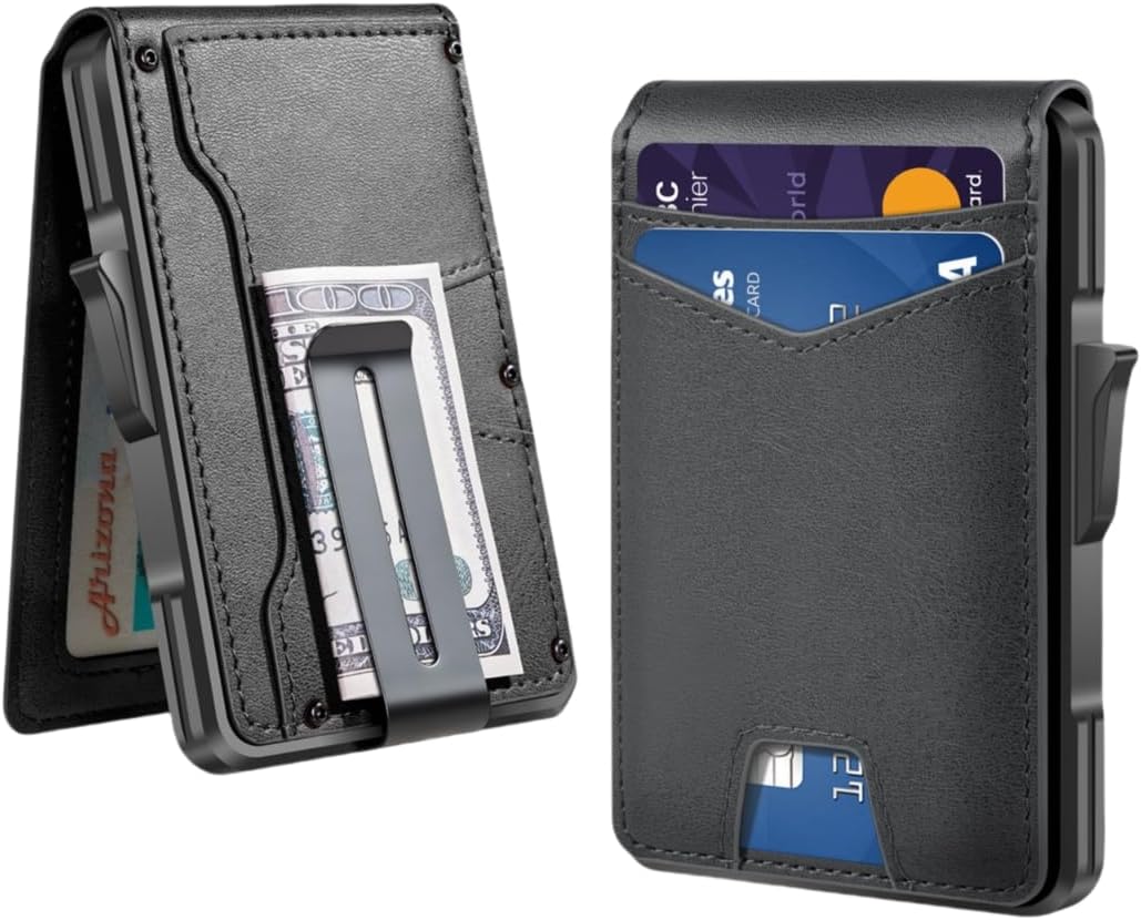 Slim RFID Wallet for Men with Pop - Up Card Holder – Waterproof Aluminum & Leather Bifold with 2 ID Windows, Money Clip, Holds 12+ Cards - Abbycart