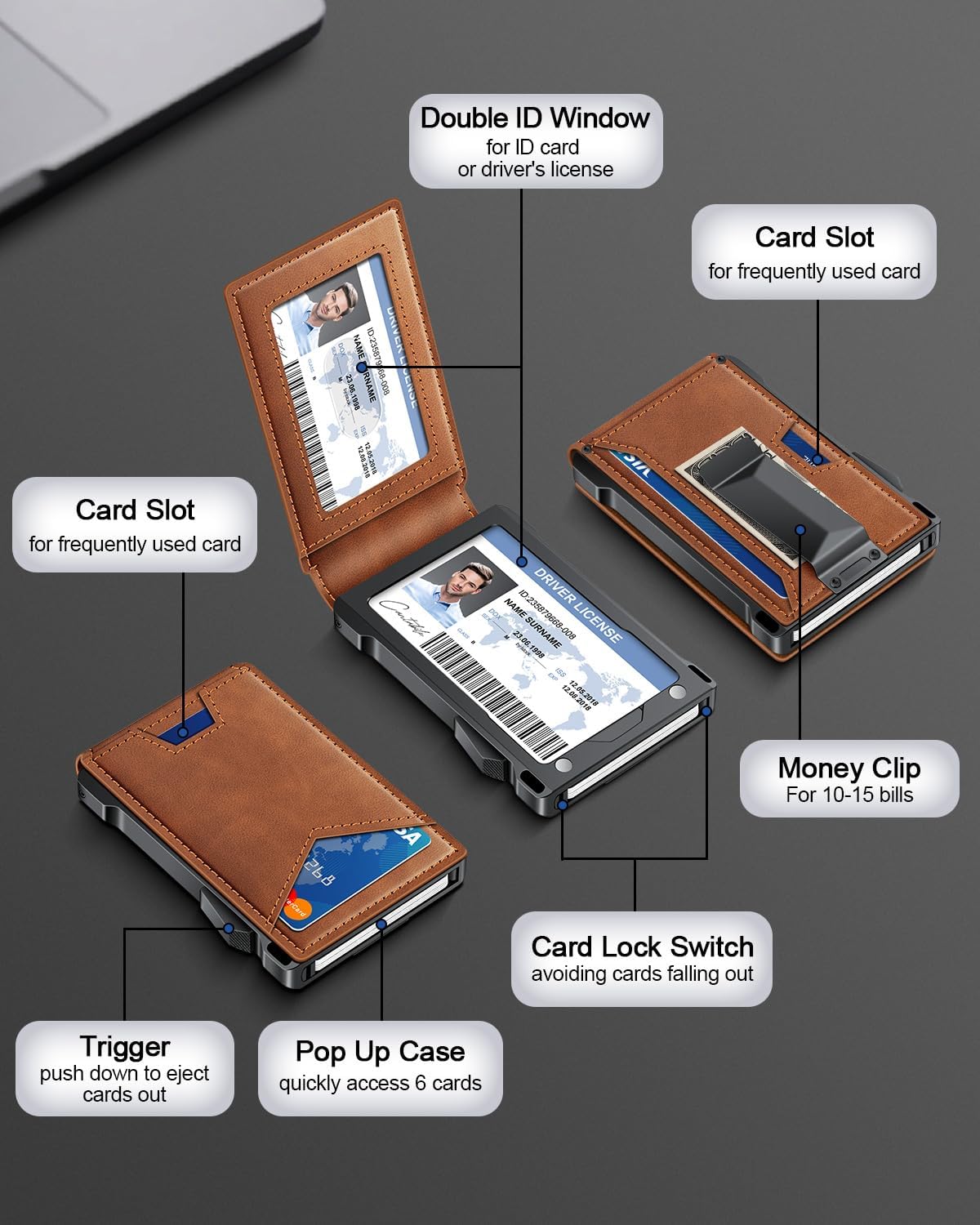 Slim Wallet for Men with Pop - Up Card Holder, RFID Blocking Metal Credit Card Holder with 2 ID Windows & Money Clip, Minimalist Front Pocket Wallet Holds 10–12 Cards - Abbycart