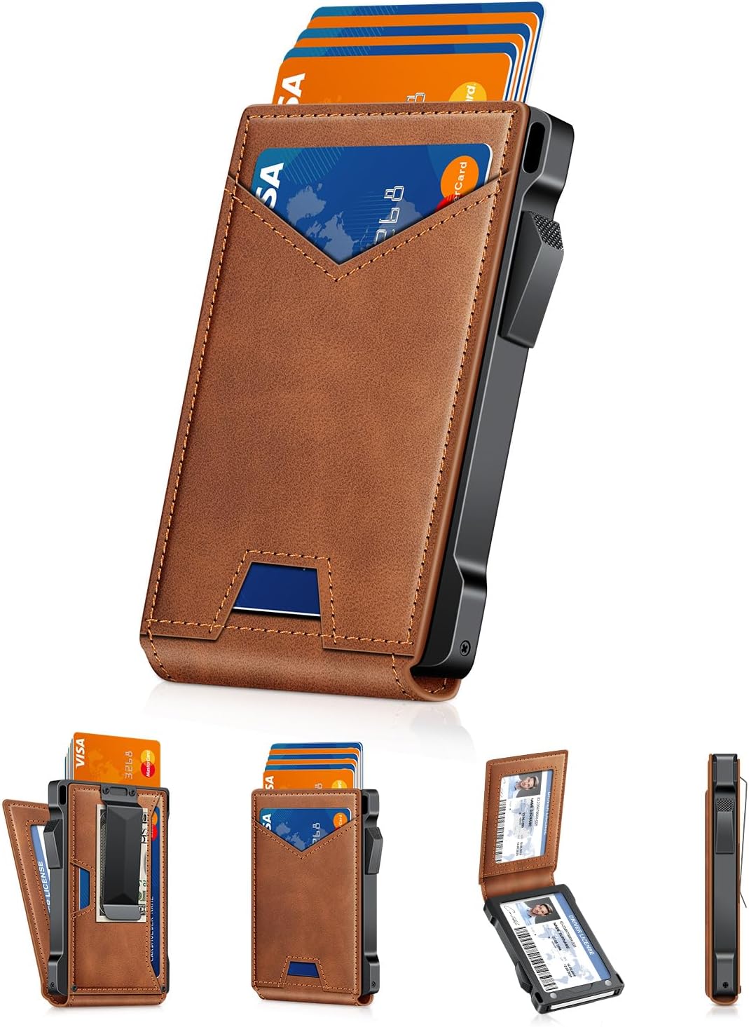 Slim Wallet for Men with Pop - Up Card Holder, RFID Blocking Metal Credit Card Holder with 2 ID Windows & Money Clip, Minimalist Front Pocket Wallet Holds 10–12 Cards - Abbycart