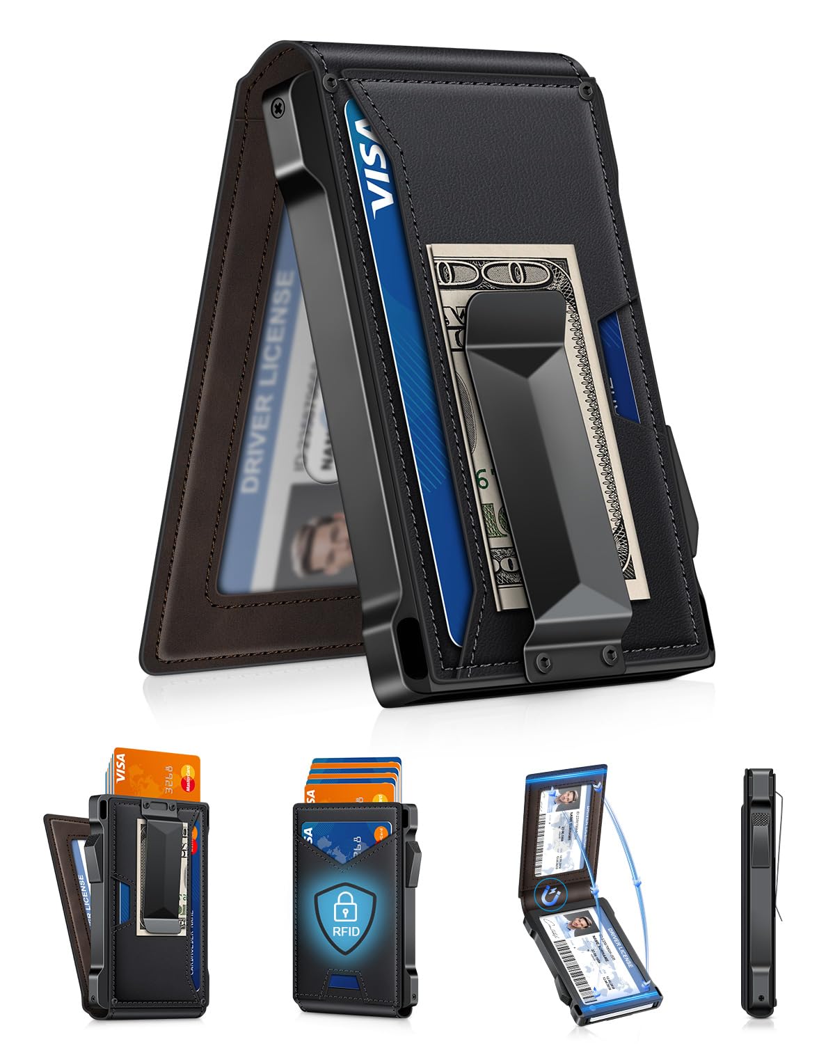 Slim Wallet for Men with Pop - Up Card Holder, RFID Blocking Metal Credit Card Holder with 2 ID Windows & Money Clip, Minimalist Front Pocket Wallet Holds 10–12 Cards - Abbycart