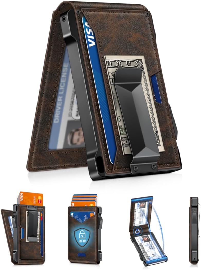 Slim Wallet for Men with Pop - Up Card Holder, RFID Blocking Metal Credit Card Holder with 2 ID Windows & Money Clip, Minimalist Front Pocket Wallet Holds 10–12 Cards - Abbycart