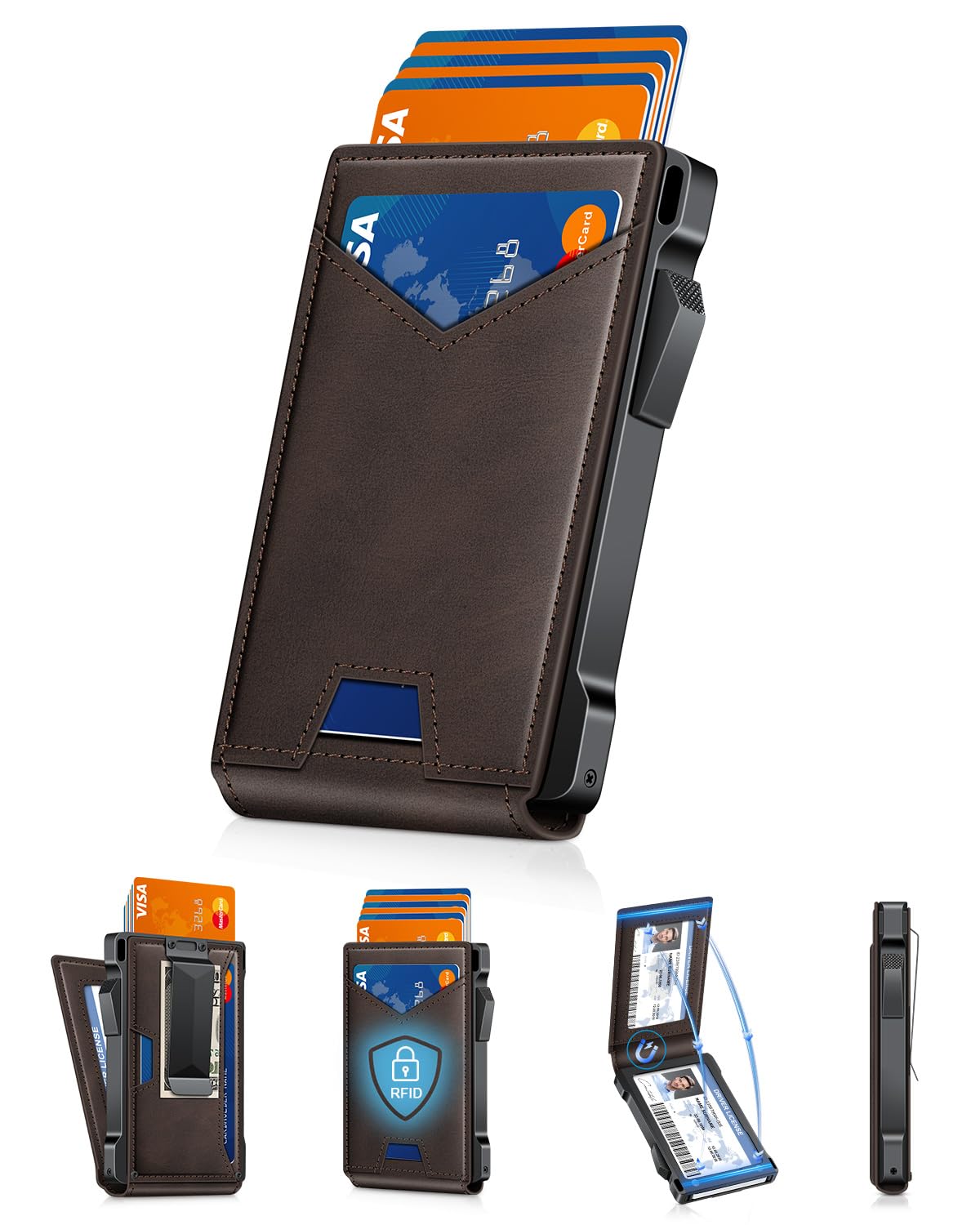 Slim Wallet for Men with Pop - Up Card Holder, RFID Blocking Metal Credit Card Holder with 2 ID Windows & Money Clip, Minimalist Front Pocket Wallet Holds 10–12 Cards - Abbycart