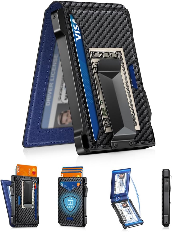 Slim Wallet for Men with Pop - Up Card Holder, RFID Blocking Metal Credit Card Holder with 2 ID Windows & Money Clip, Minimalist Front Pocket Wallet Holds 10–12 Cards - Abbycart